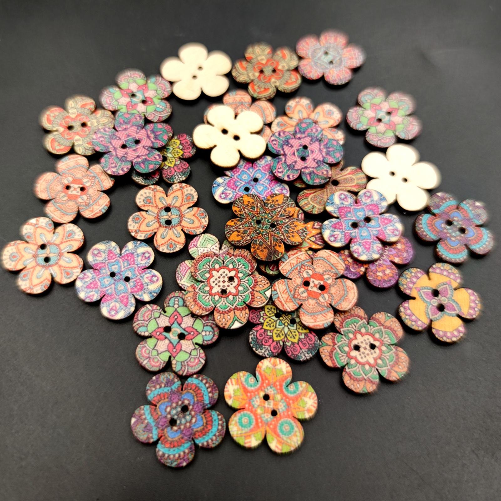 100pcs Mixed Random Flower Painting Wooden Retro Buttons Assorted Color 1