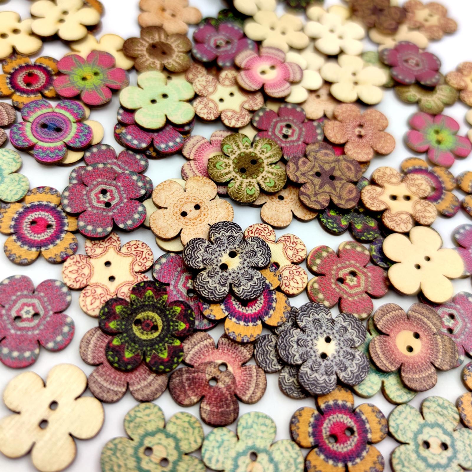 100pcs Mixed Random Flower Painting Wooden Retro Buttons Assorted Color 2