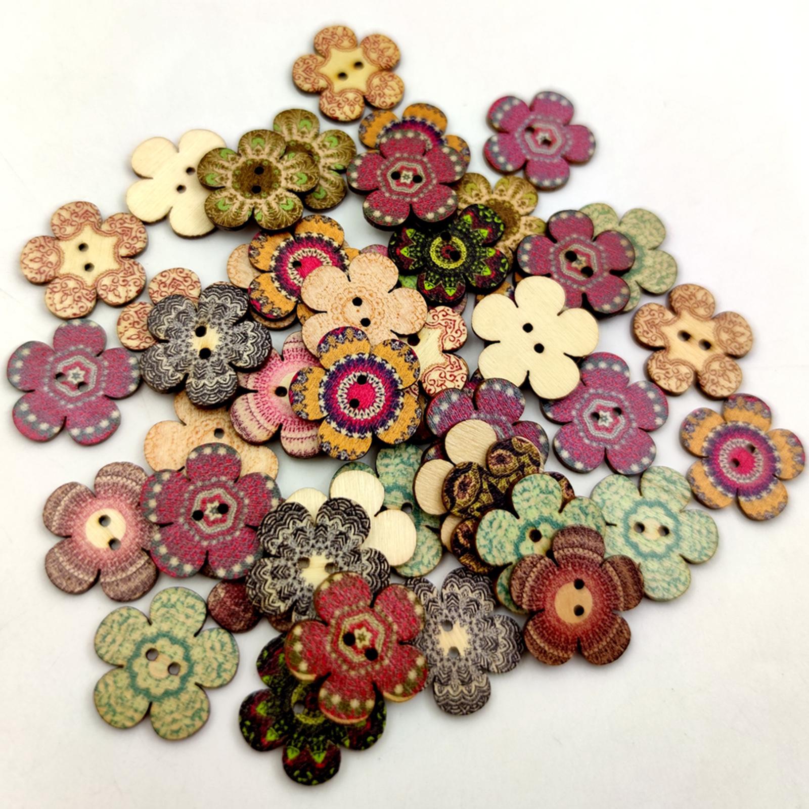 100pcs Mixed Random Flower Painting Wooden Retro Buttons Assorted Color 2