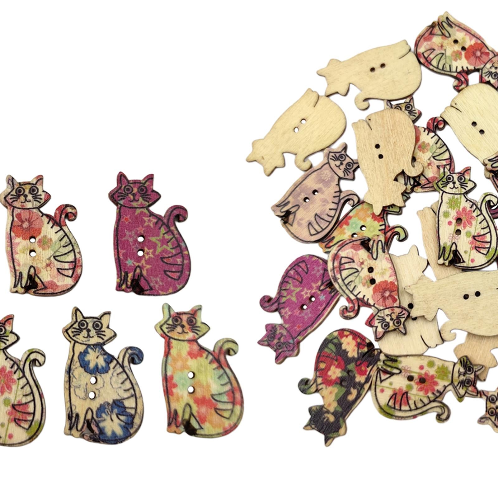 50Pcs Retro Animal Painting Wooden Buttons 2 Holes for Cloth Crafts Cat