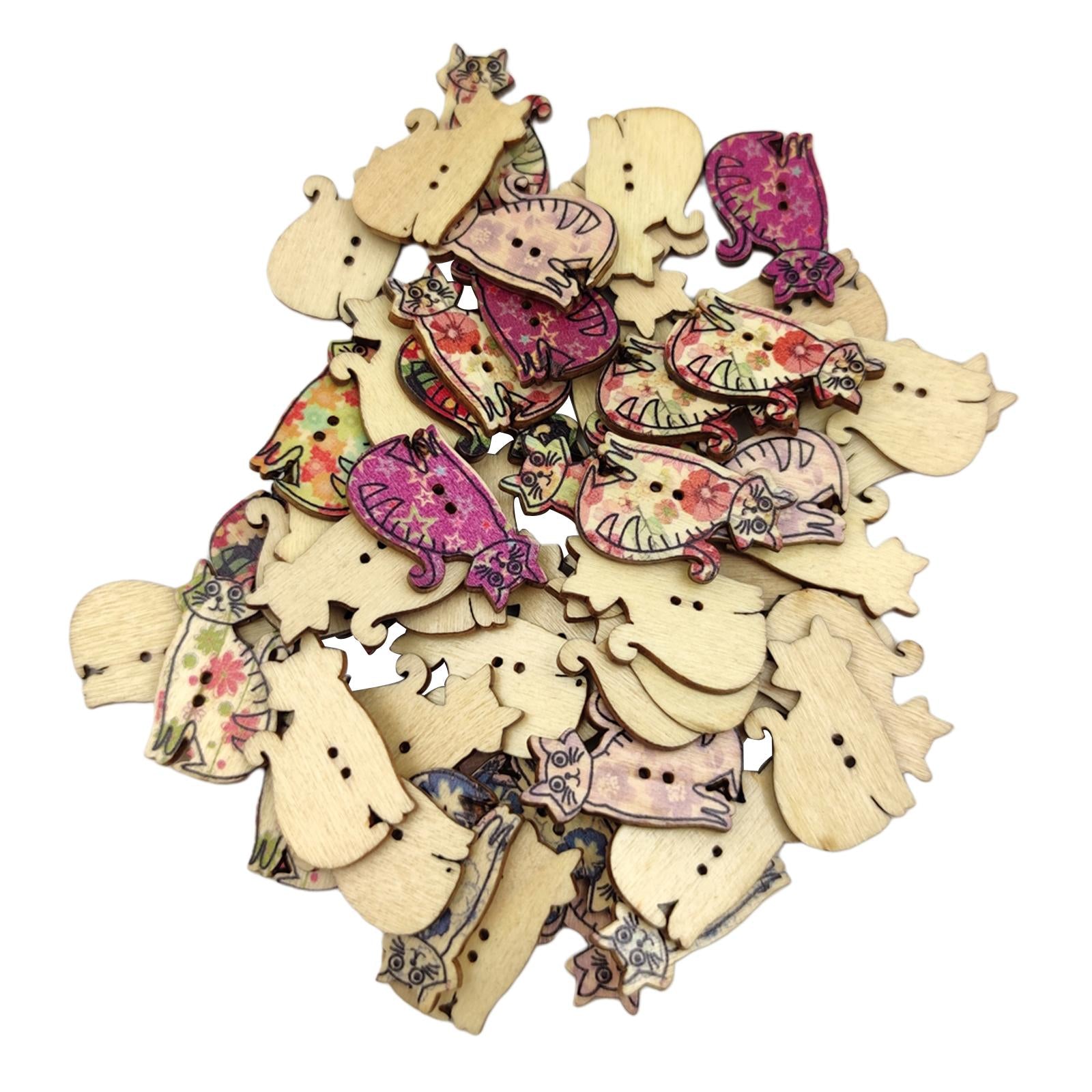 50Pcs Retro Animal Painting Wooden Buttons 2 Holes for Cloth Crafts Cat
