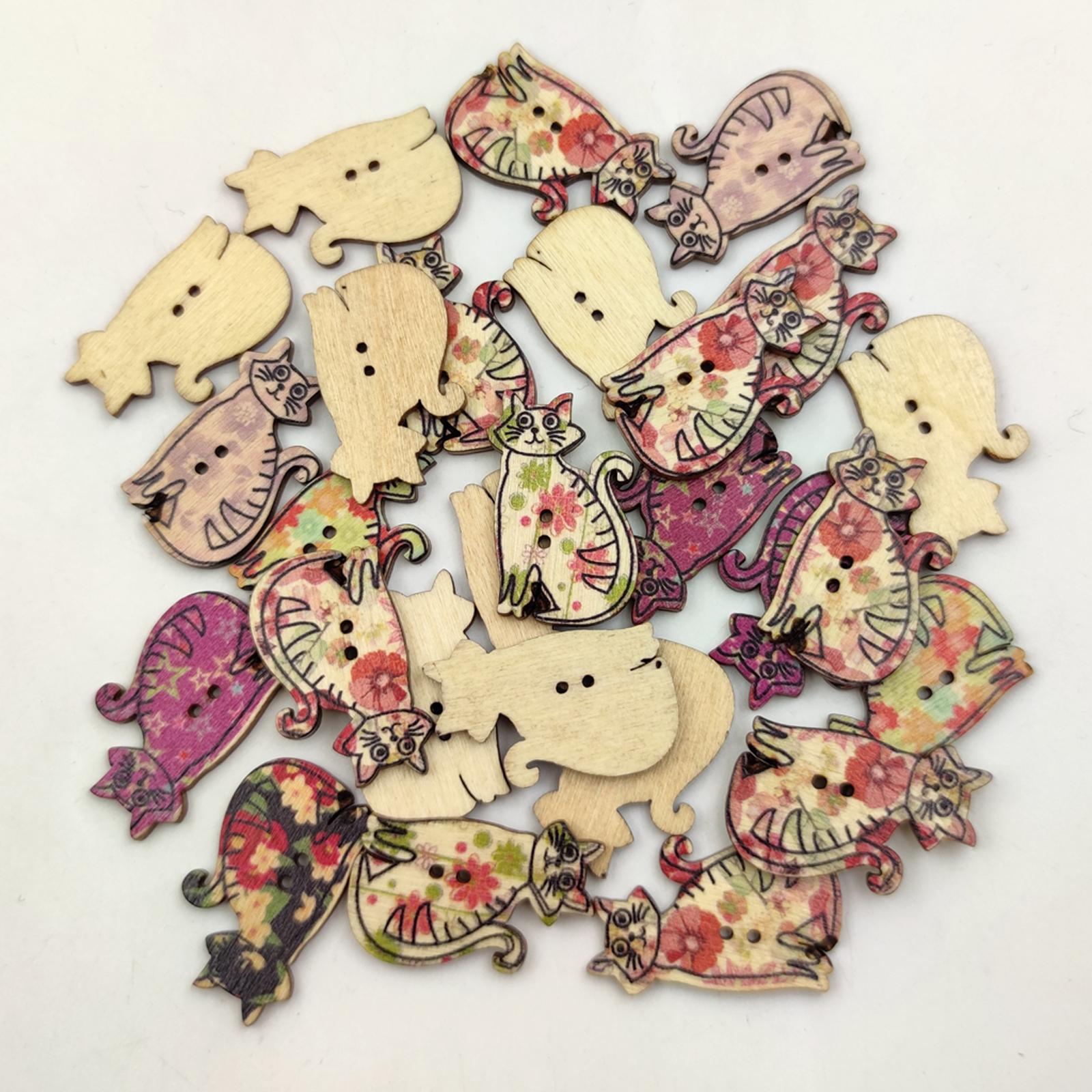 50Pcs Retro Animal Painting Wooden Buttons 2 Holes for Cloth Crafts Cat