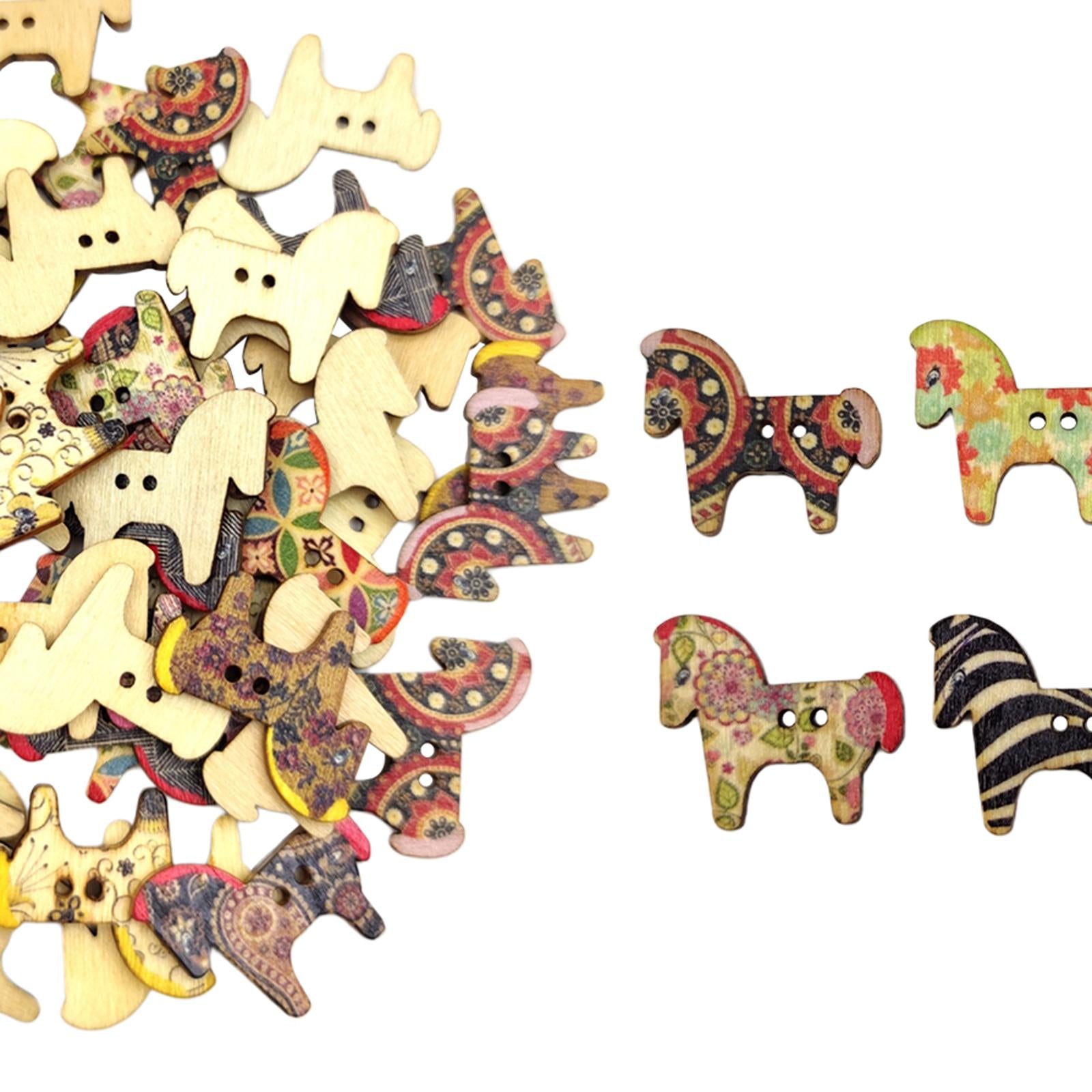 50Pcs Retro Animal Painting Wooden Buttons 2 Holes for Cloth Crafts Pony