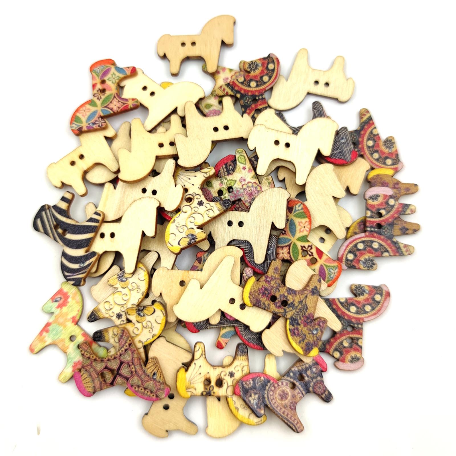 50Pcs Retro Animal Painting Wooden Buttons 2 Holes for Cloth Crafts Pony