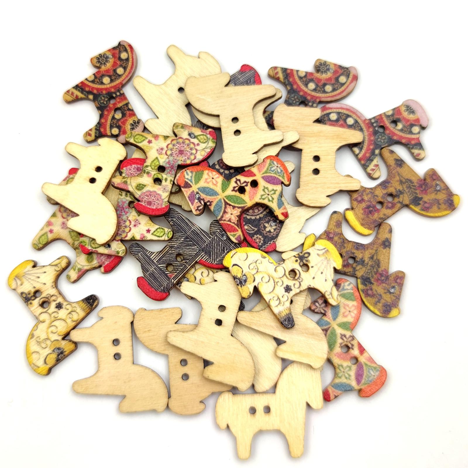 50Pcs Retro Animal Painting Wooden Buttons 2 Holes for Cloth Crafts Pony