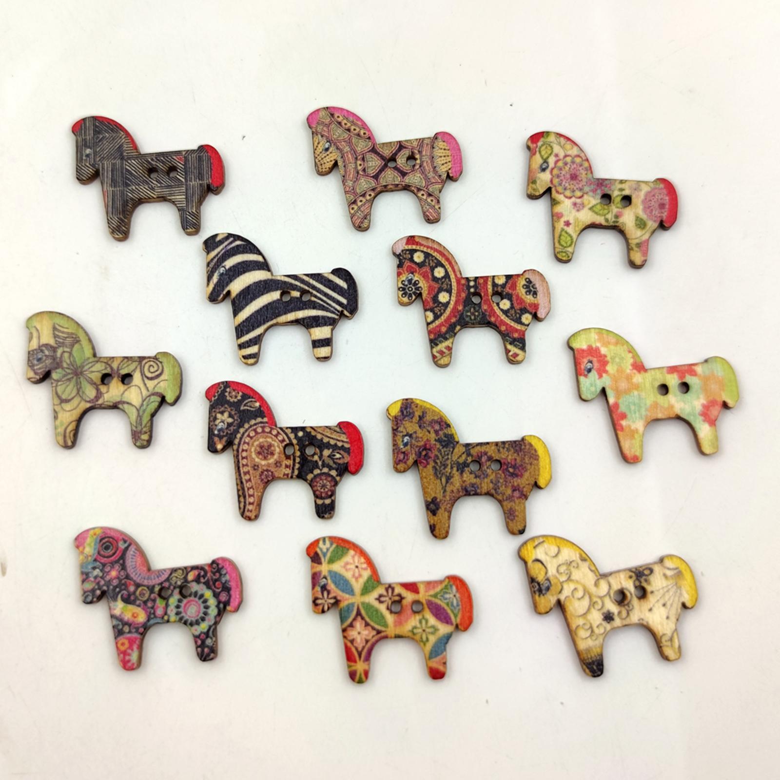 50Pcs Retro Animal Painting Wooden Buttons 2 Holes for Cloth Crafts Pony