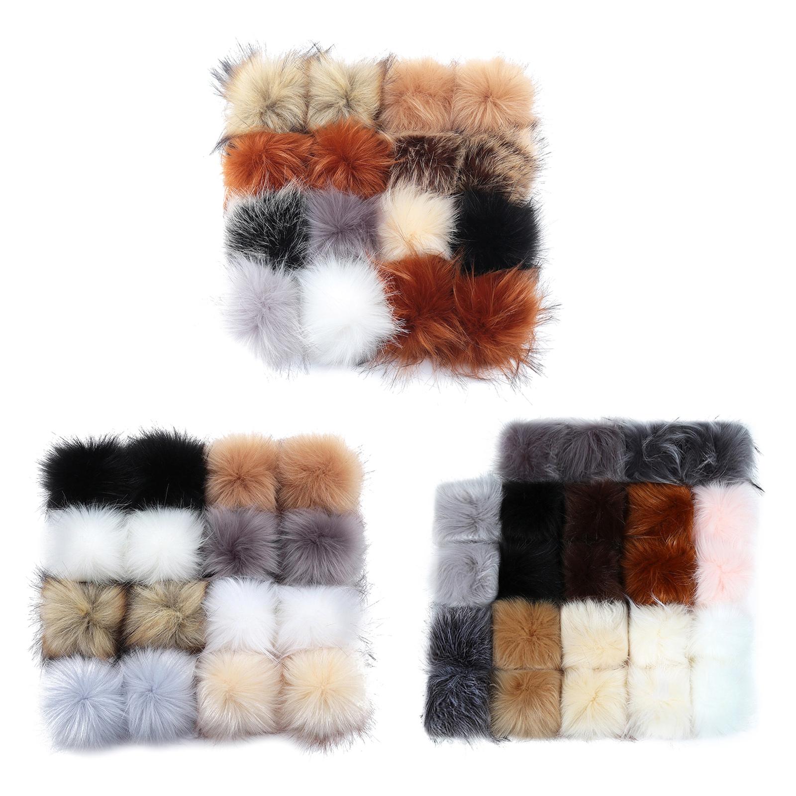 Faux Fur Pompom Ball DIY W/Snap Button Multicolor Caps Scarves 16Pcs 10cm