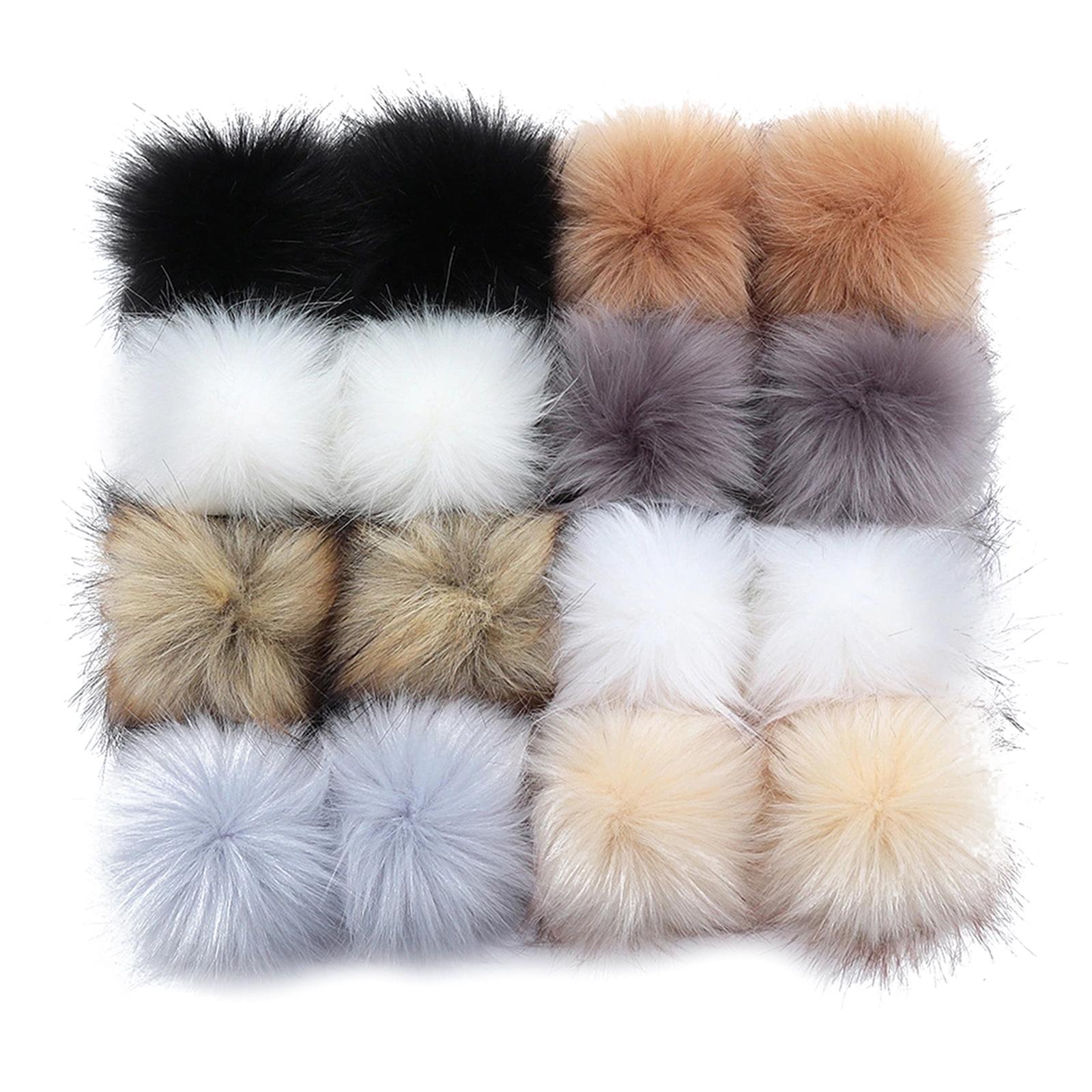 Faux Fur Pompom Ball DIY W/Snap Button Multicolor Caps Scarves 16Pcs 8cm