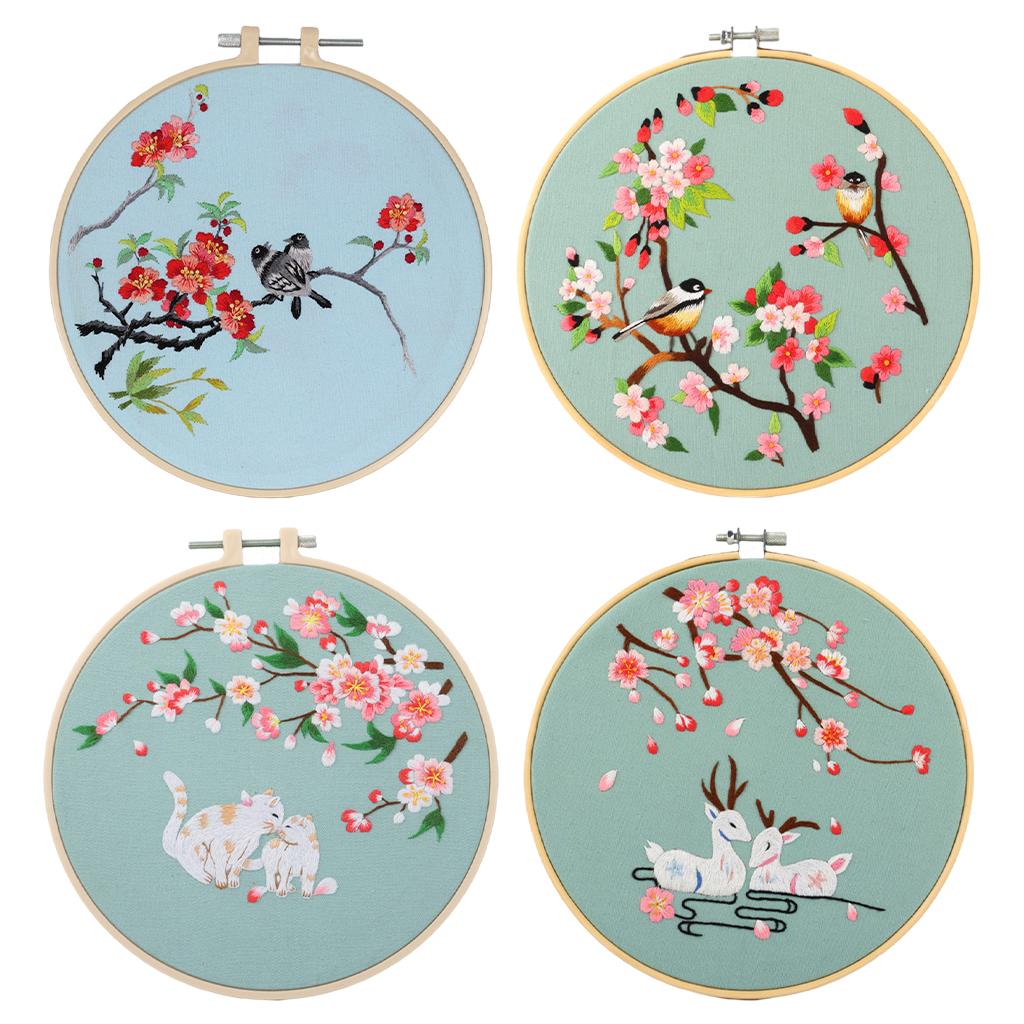 Cross Stitch Kit DIY Floral Flower Sewing Embroidery with Hoop Black Birds