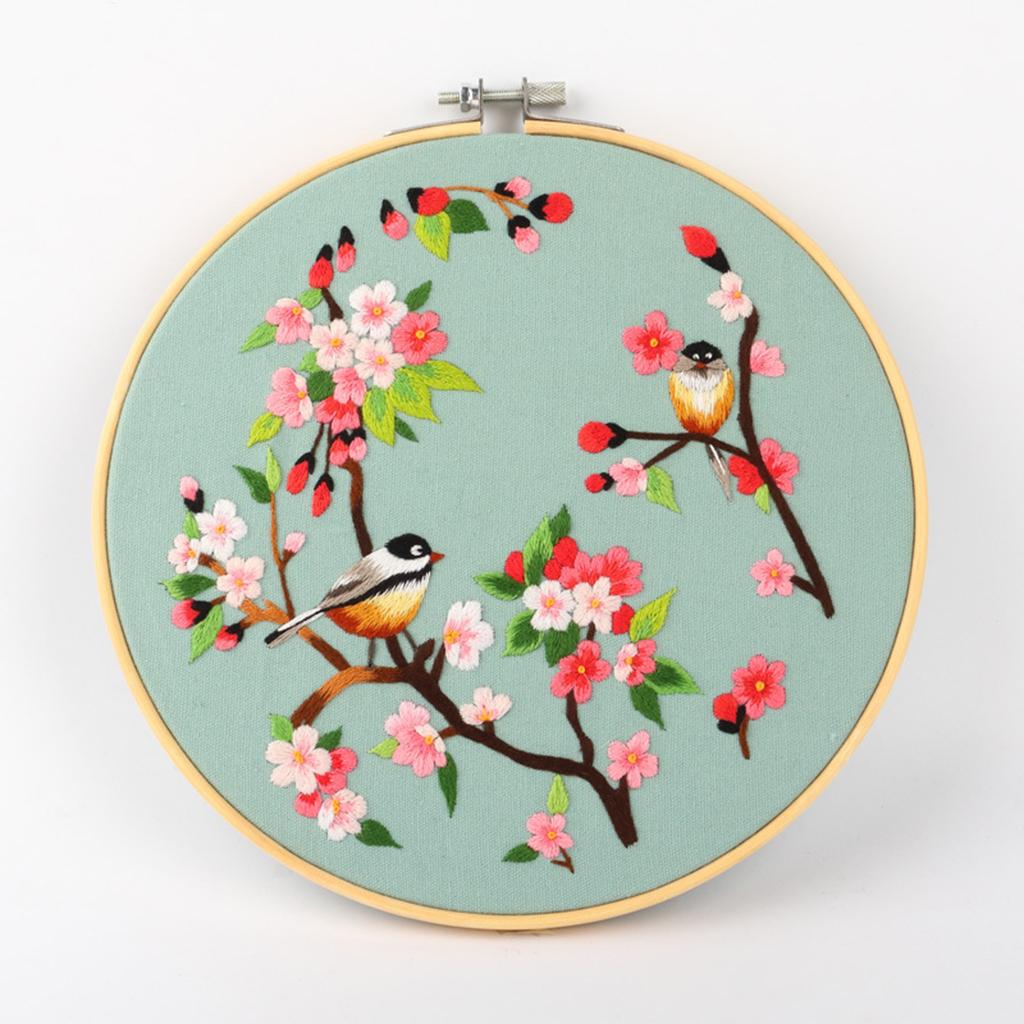 Cross Stitch Kit DIY Floral Flower Sewing Embroidery with Hoop Yellow Birds