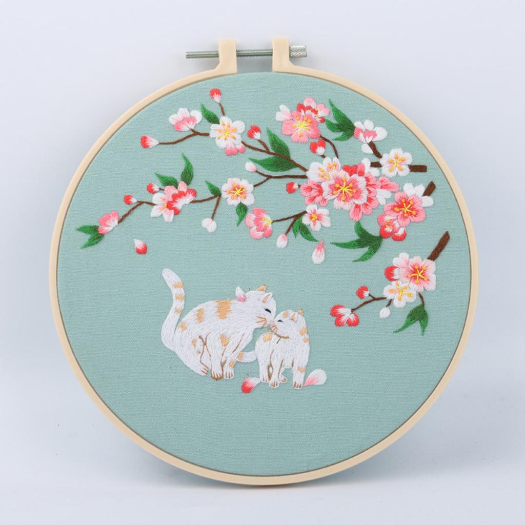 Cross Stitch Kit DIY Floral Flower Sewing Embroidery with Hoop Two Cats