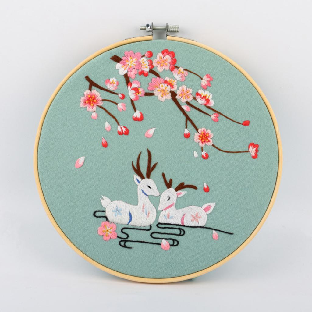 Cross Stitch Kit DIY Floral Flower Sewing Embroidery with Hoop Two Deers