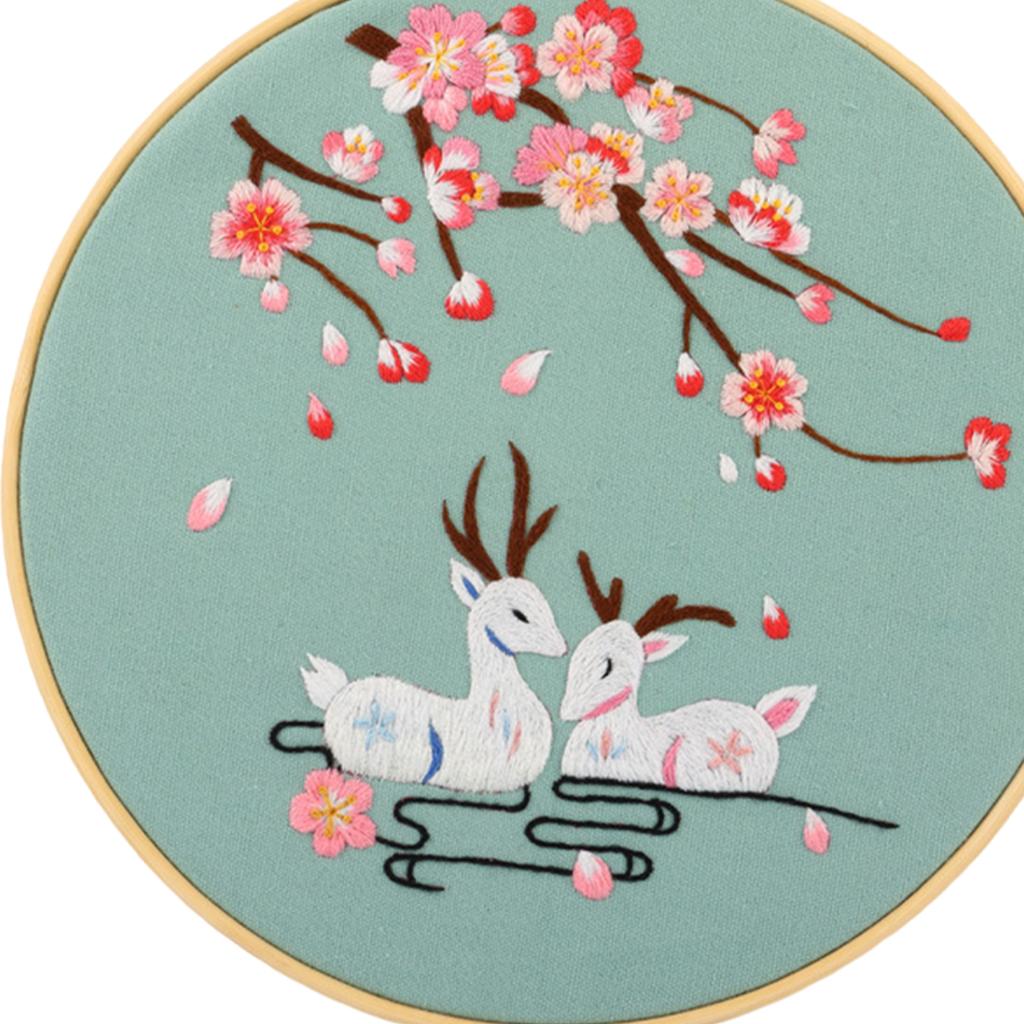 Cross Stitch Kit DIY Floral Flower Sewing Embroidery with Hoop Two Deers