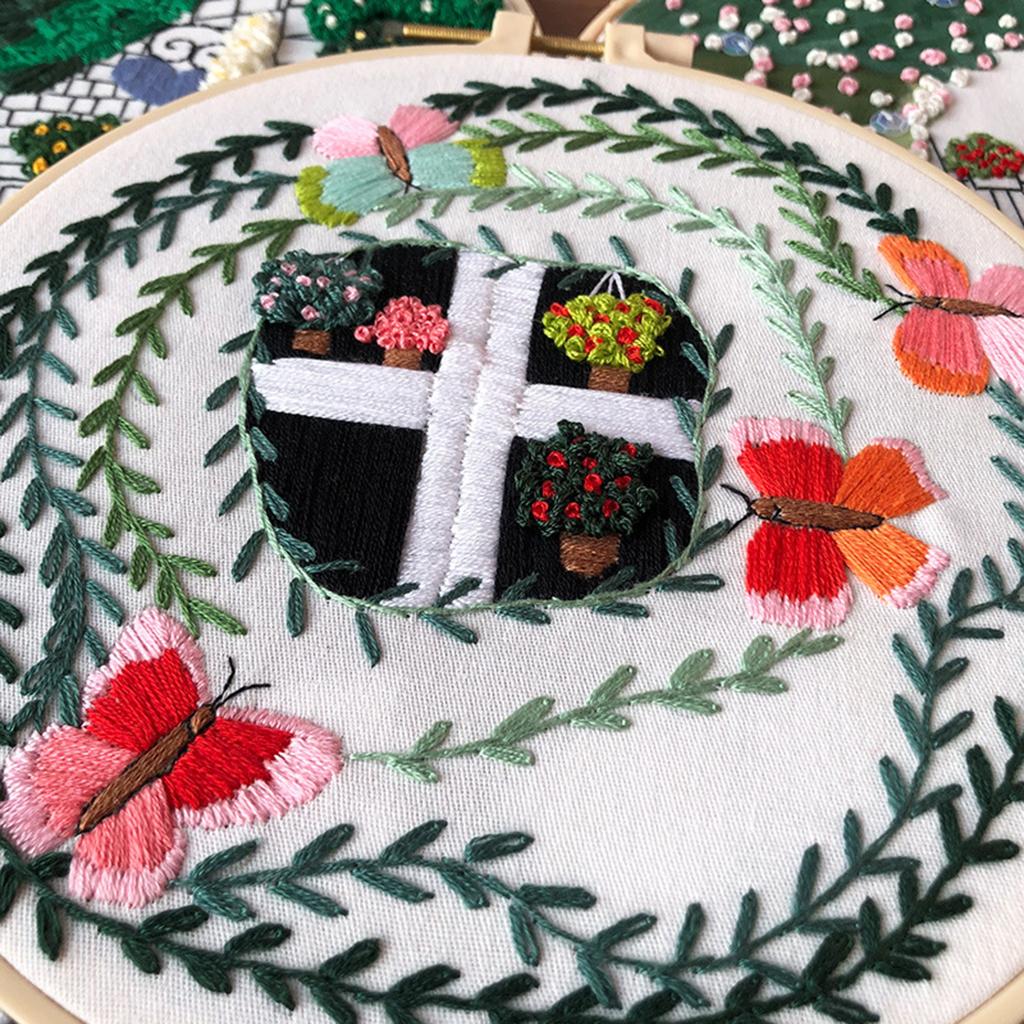 Embroidery Kit Cross Stitch Beautiful Craft w/Frame Hoop DIY for Kids Adults Butterfly Garden