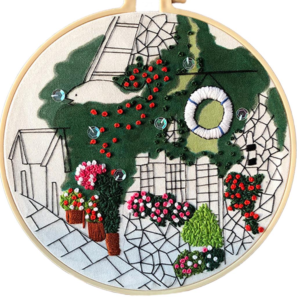 Embroidery Kit Cross Stitch Beautiful Craft w/Frame Hoop DIY for Kids Adults Ocean View Villa