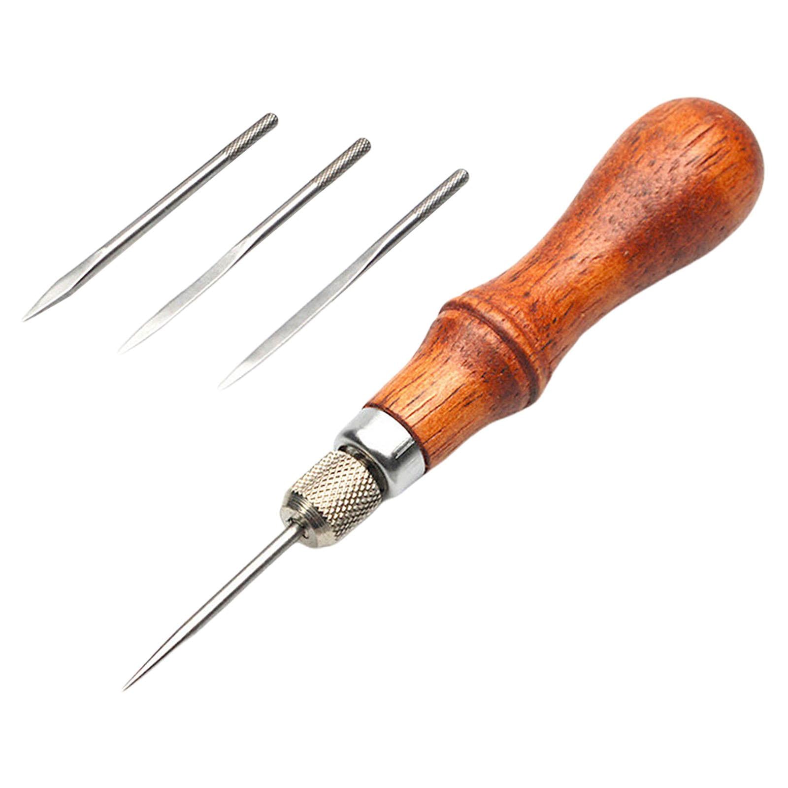 Professional Awl Tool Stitcher DIY Leathercraft Sewing Repairing Wood Handle