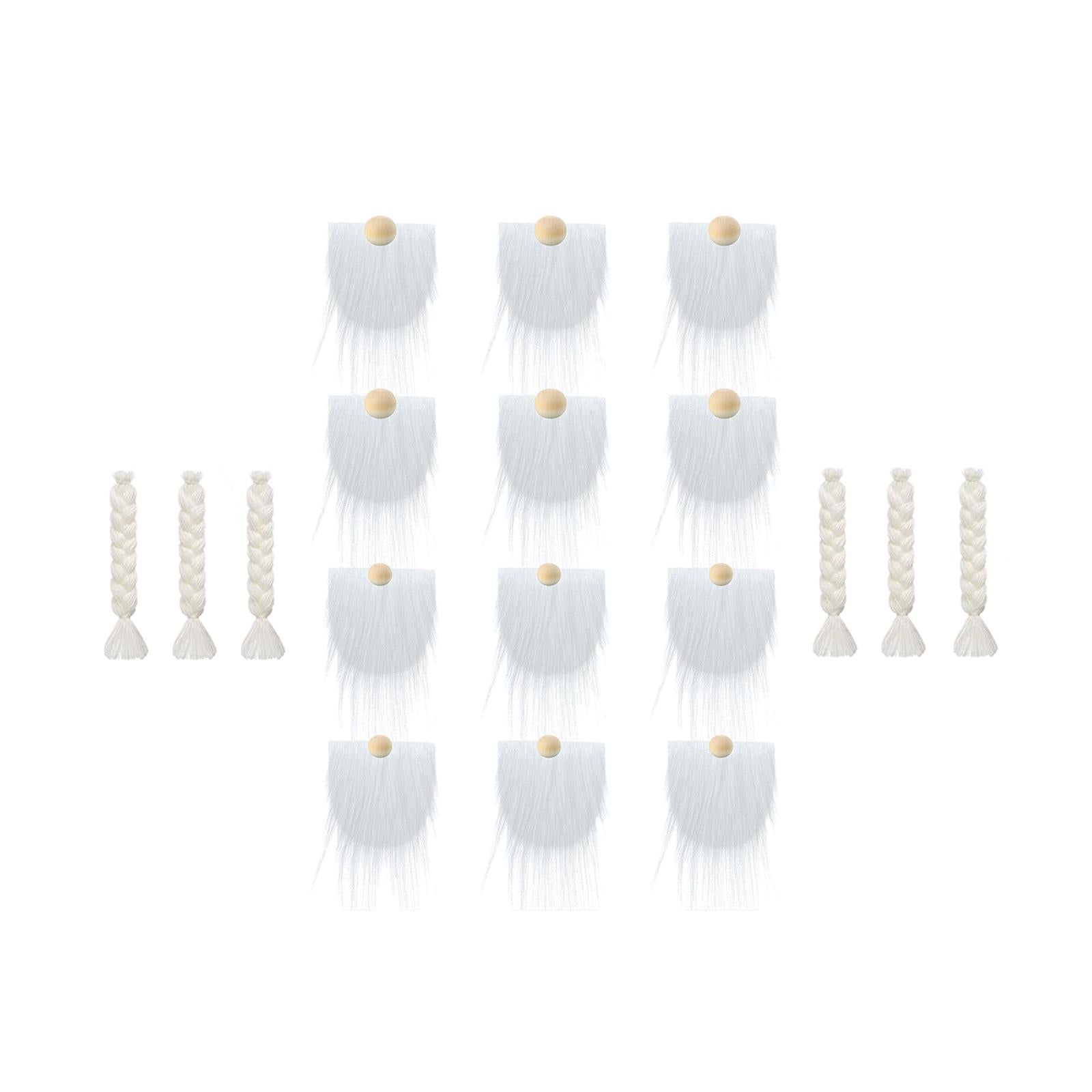 12x Pre-Cut Faux Fur Beard with Small Unfinished Wooden Balls for DIY Gnome White