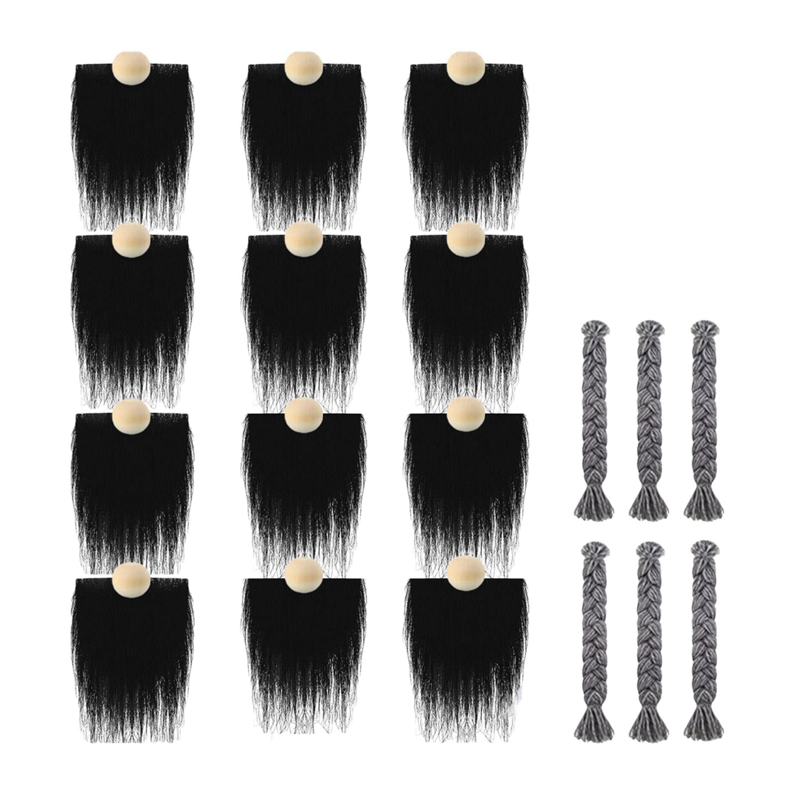 12x Pre-Cut Faux Fur Beard with Small Unfinished Wooden Balls for DIY Gnome Black