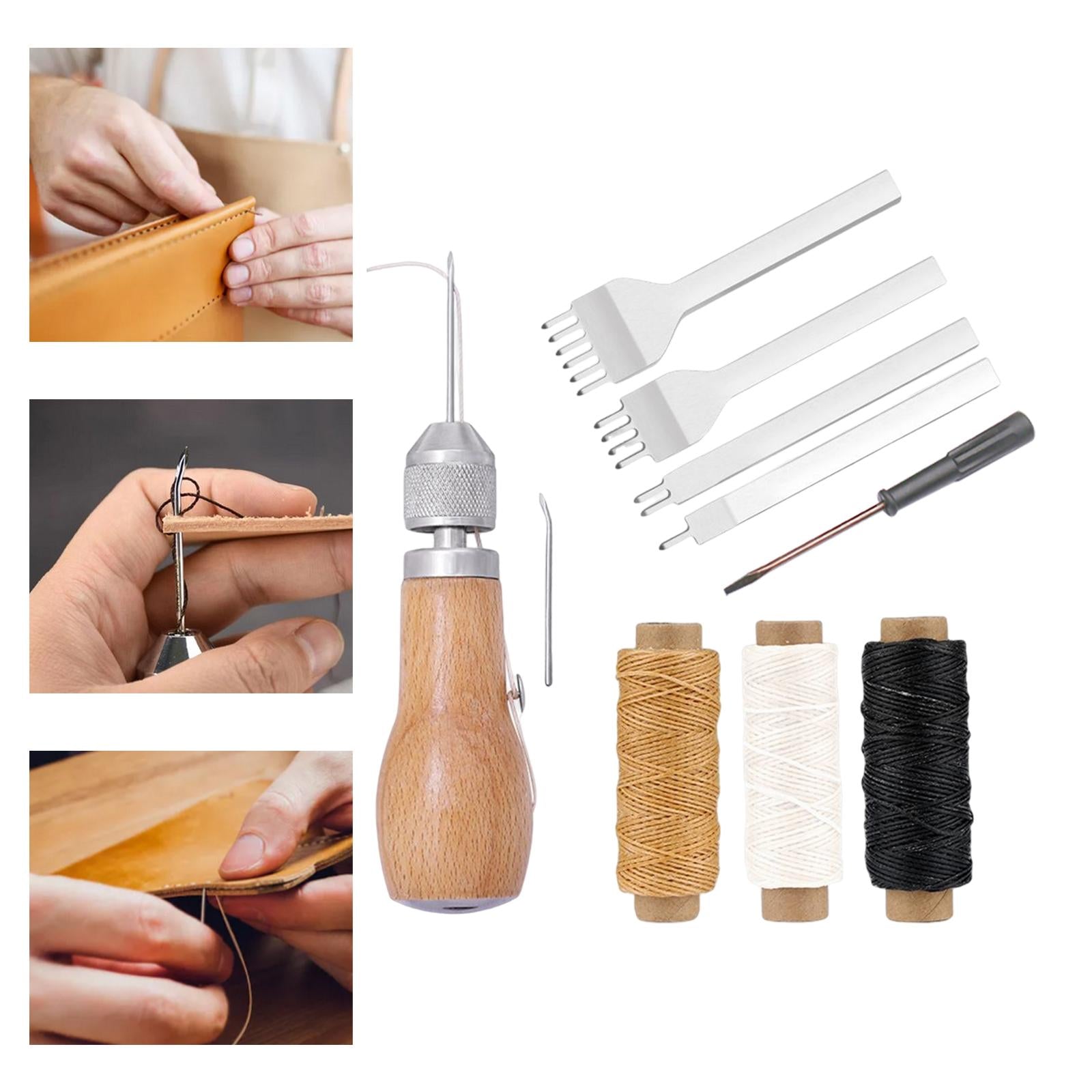 Sewing Awl Repair Tools Kit Stitcher DIY Leather Canvas Wood color