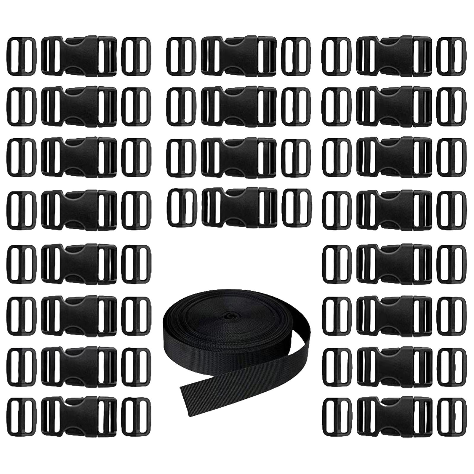 61Pcs Set Black Webbing Straps with Plastic Buckle for Outdoor Hiking Travel
