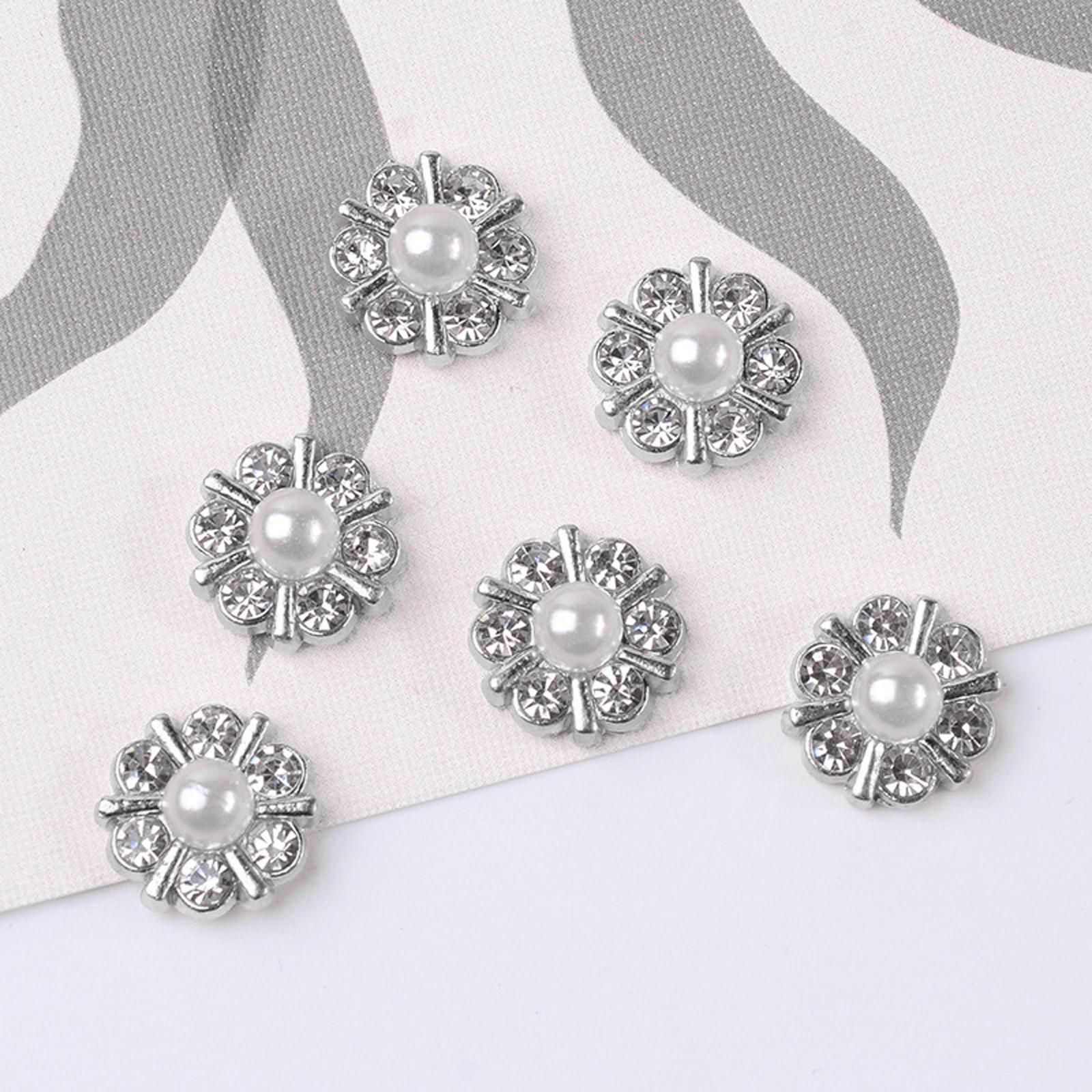 10 Pieces Small Rhinestone Pearl Buttons Round Alloy Flatback Buttons Silver