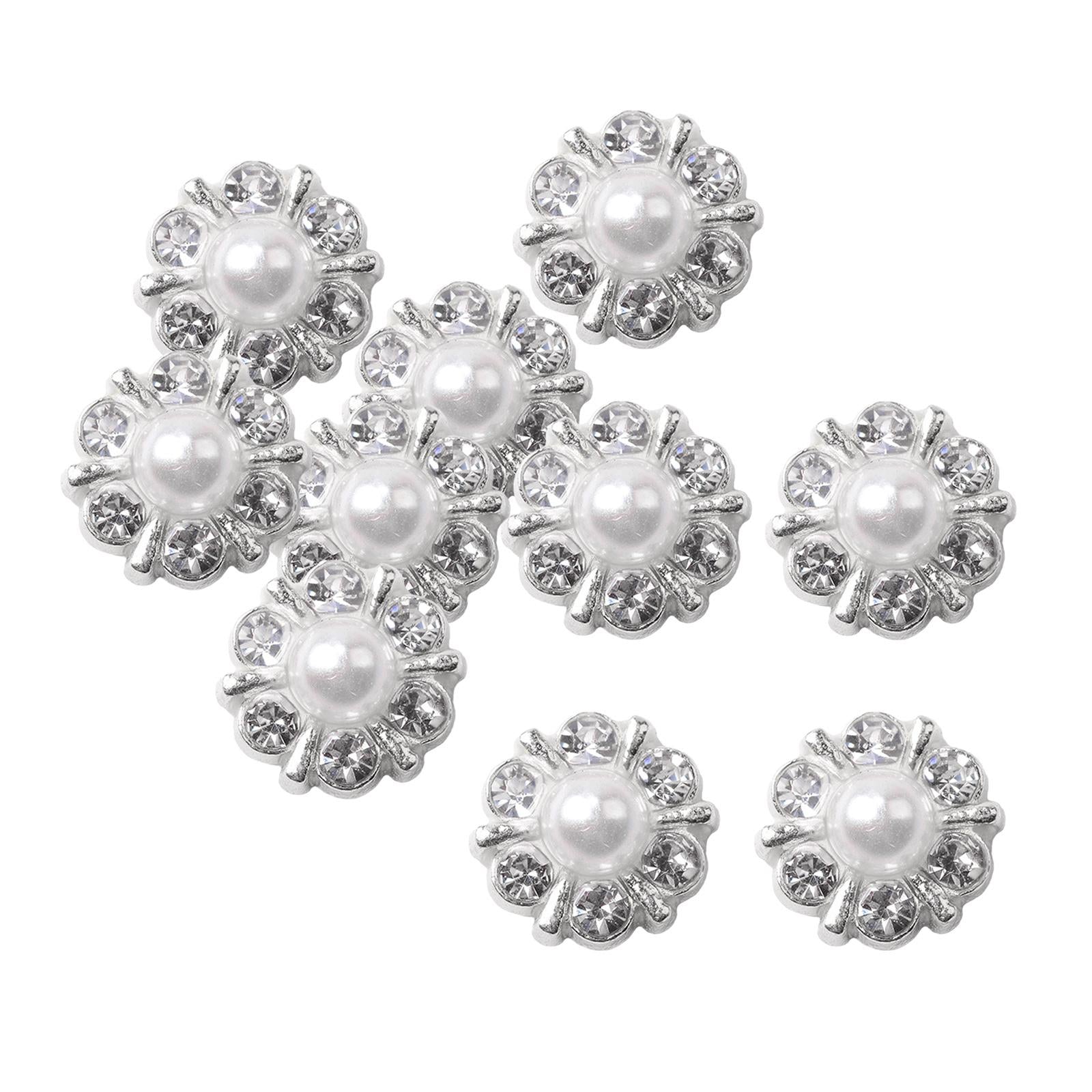 10 Pieces Small Rhinestone Pearl Buttons Round Alloy Flatback Buttons Silver
