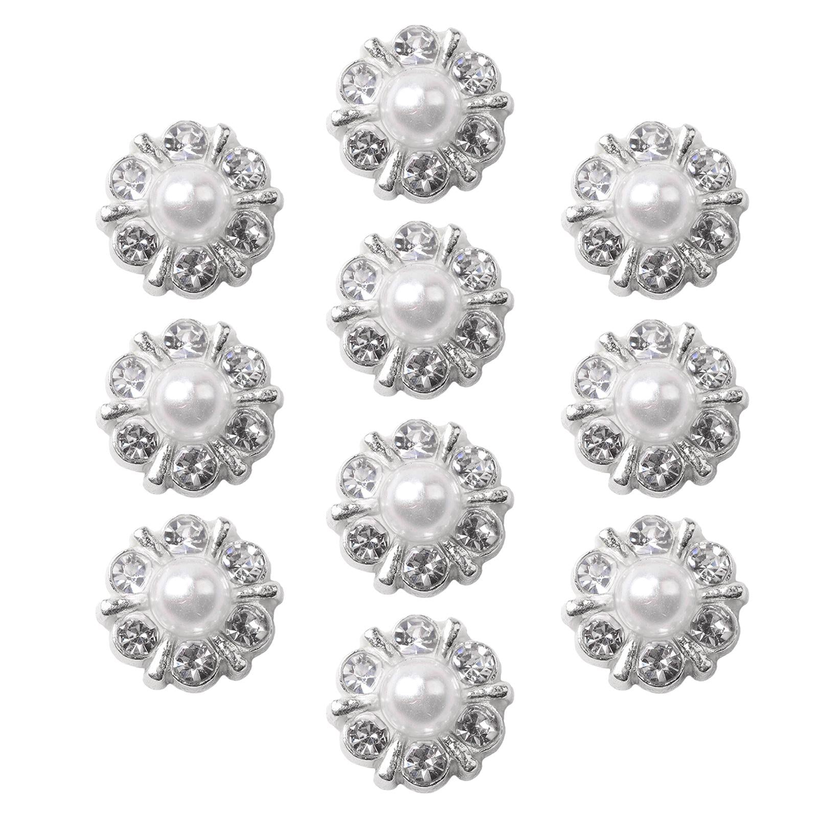 10 Pieces Small Rhinestone Pearl Buttons Round Alloy Flatback Buttons Silver