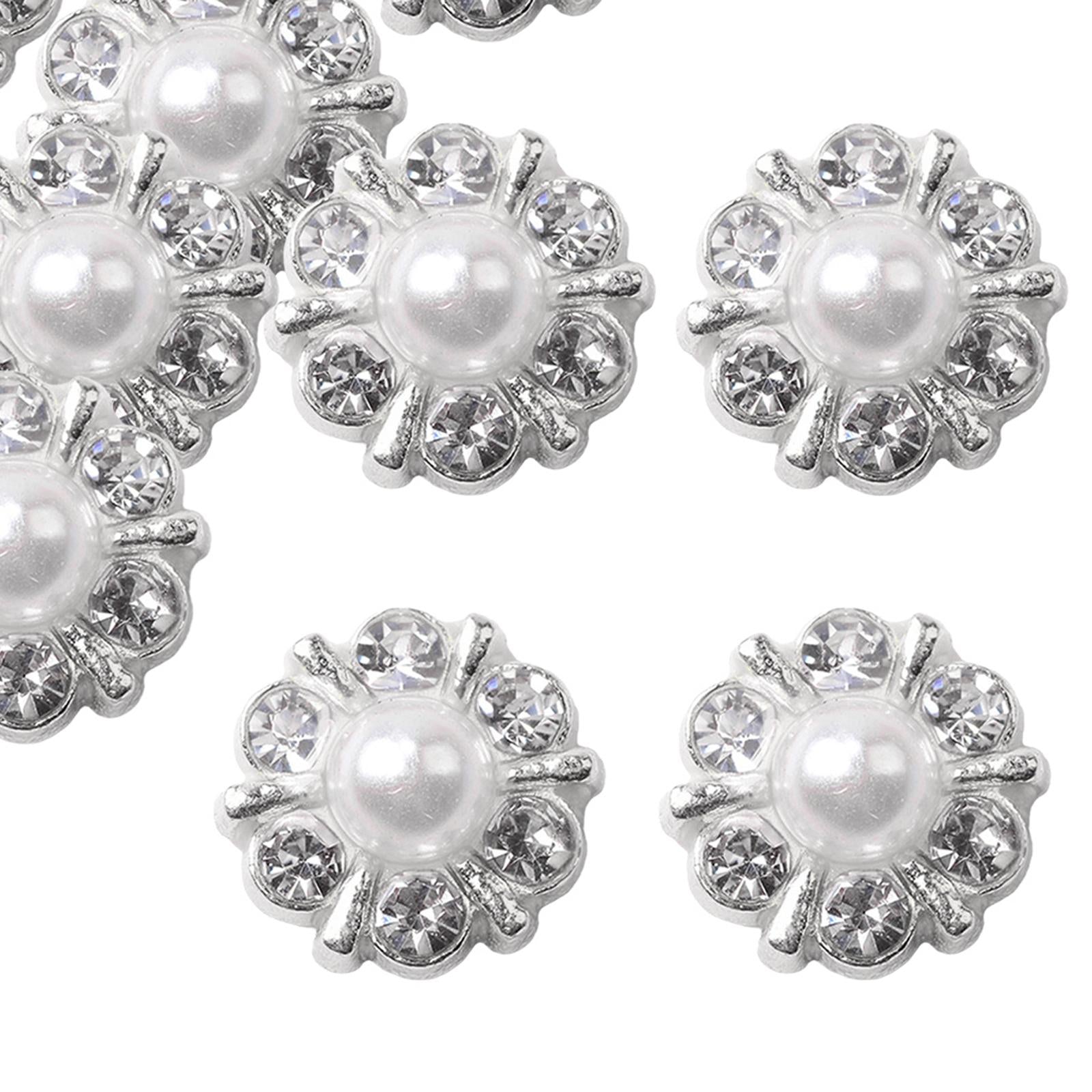 10 Pieces Small Rhinestone Pearl Buttons Round Alloy Flatback Buttons Silver