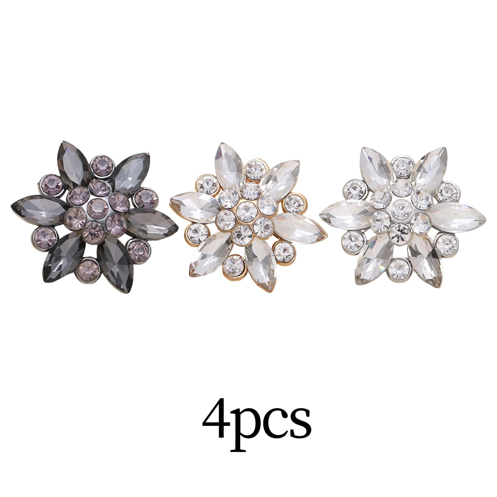 4Pcs Bling Fashion Rhinestone Buttons Flower Decorative Embellishment Black