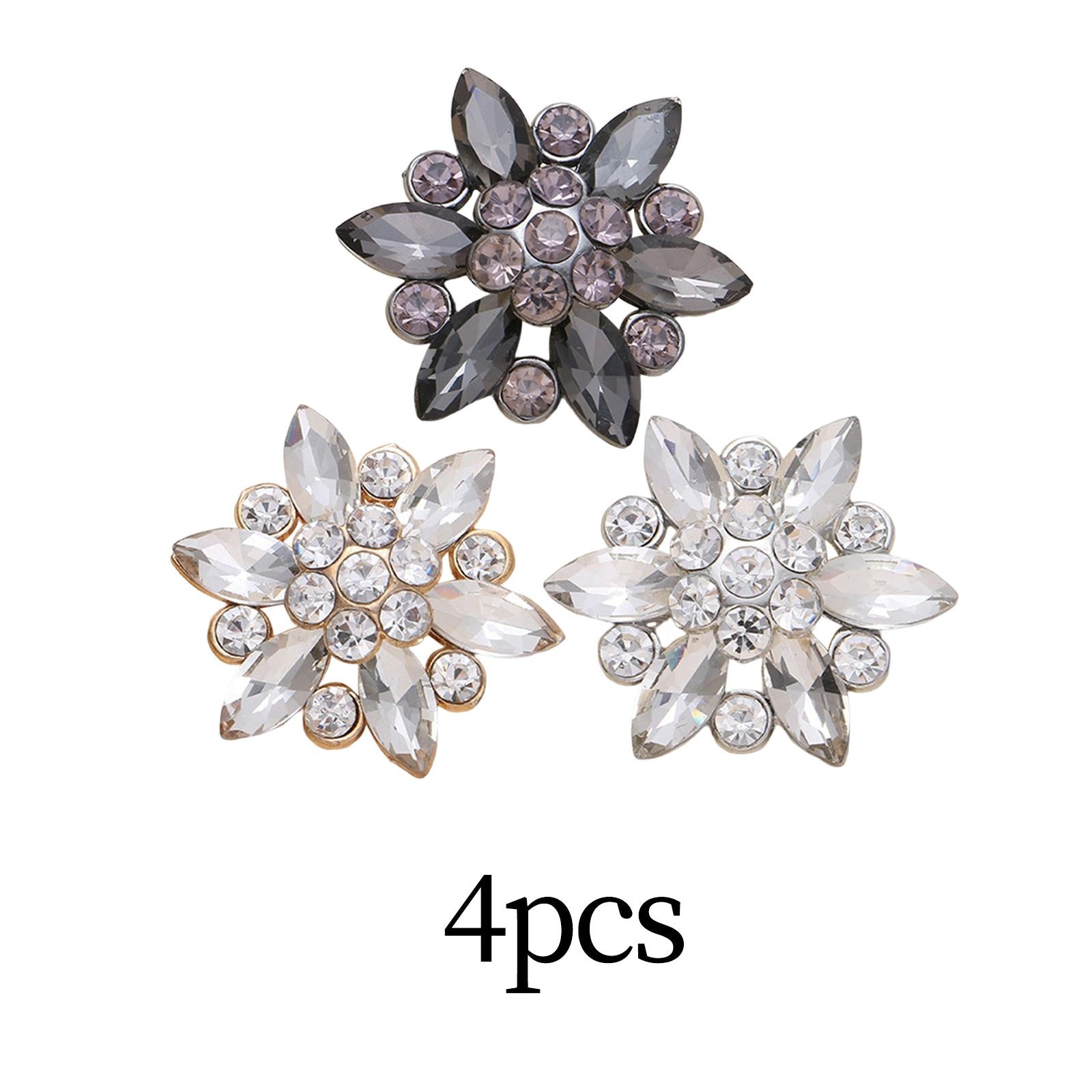 4Pcs Bling Fashion Rhinestone Buttons Flower Decorative Embellishment Black