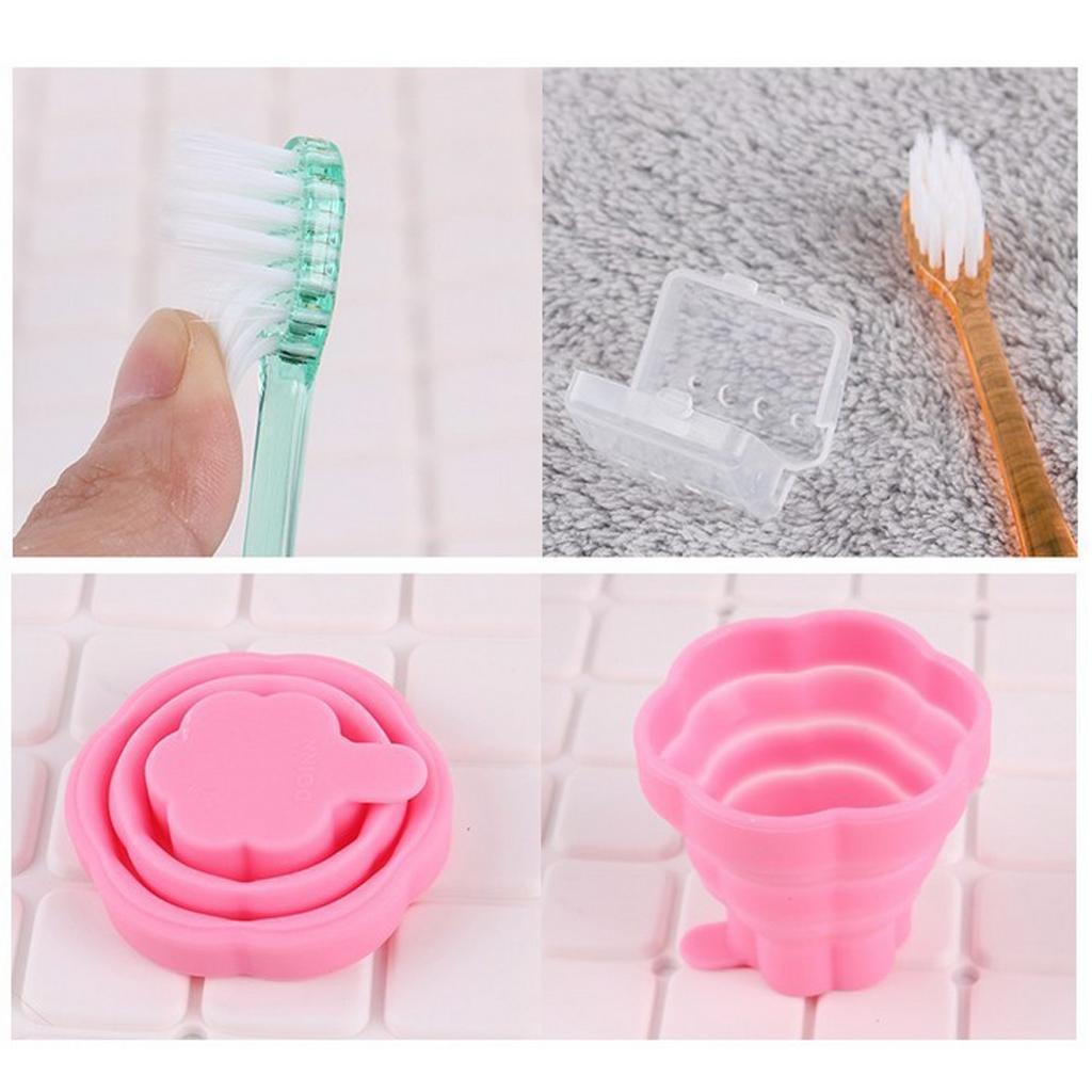Reusable Silicone Expandable Collapsible Travel Cup with Toothbrush Pink