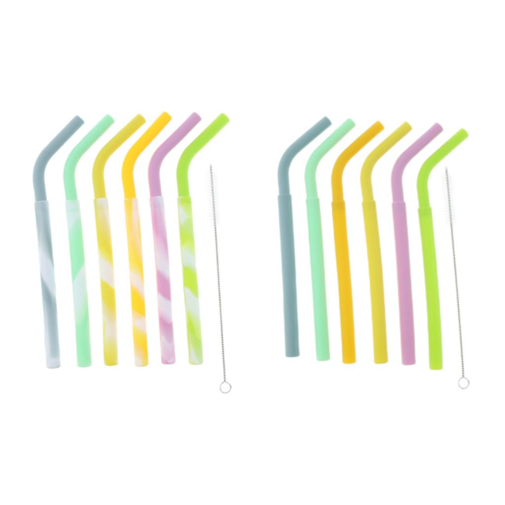 6x Silicone Flexible Reusable Straight Bendy Drinking Straws + Brush Set 01