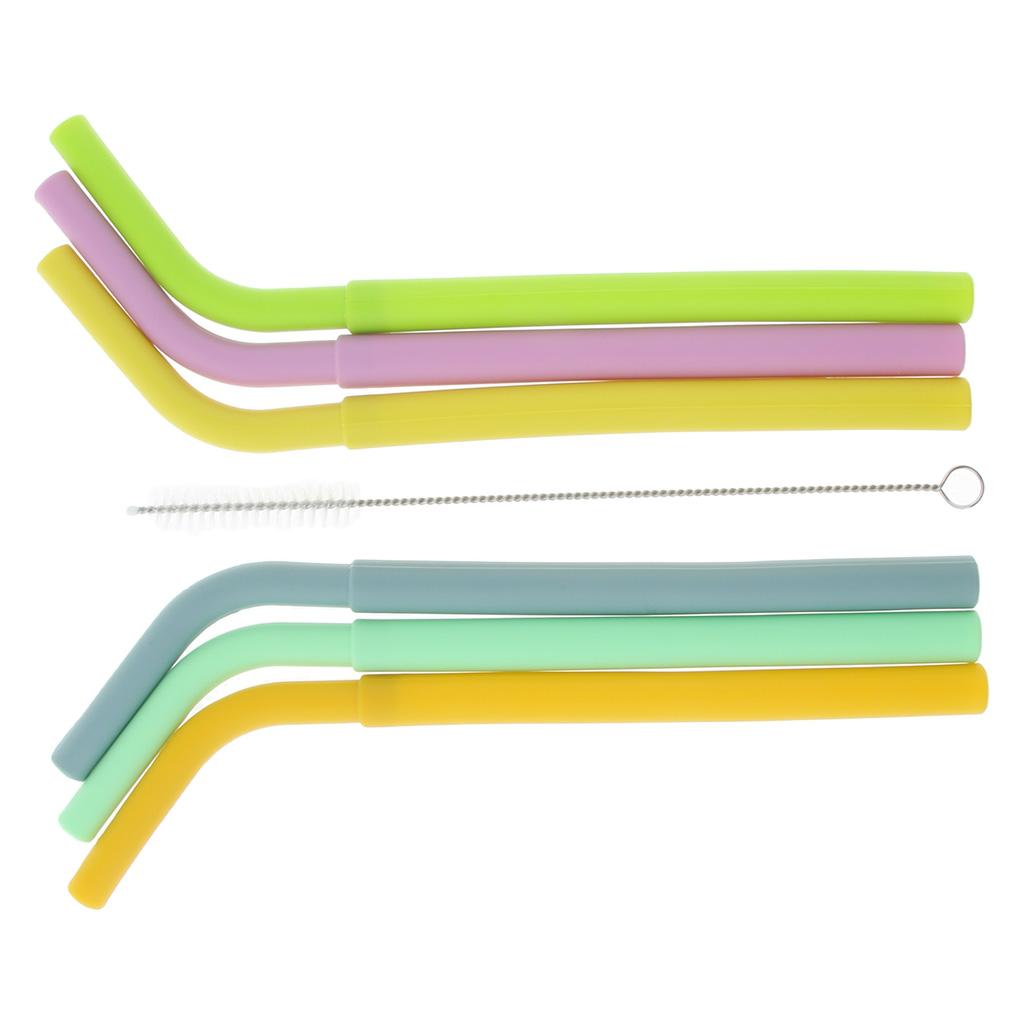 6x Silicone Flexible Reusable Straight Bendy Drinking Straws + Brush Set 01