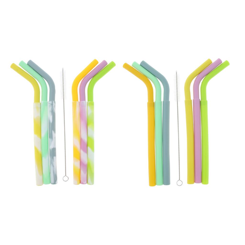 6x Silicone Flexible Reusable Straight Bendy Drinking Straws + Brush Set 01