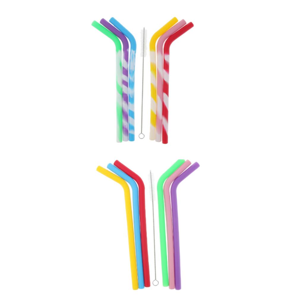 6 x Silicone Folding Drinking Straws with Brush Outdoor Drinkware Pure Color