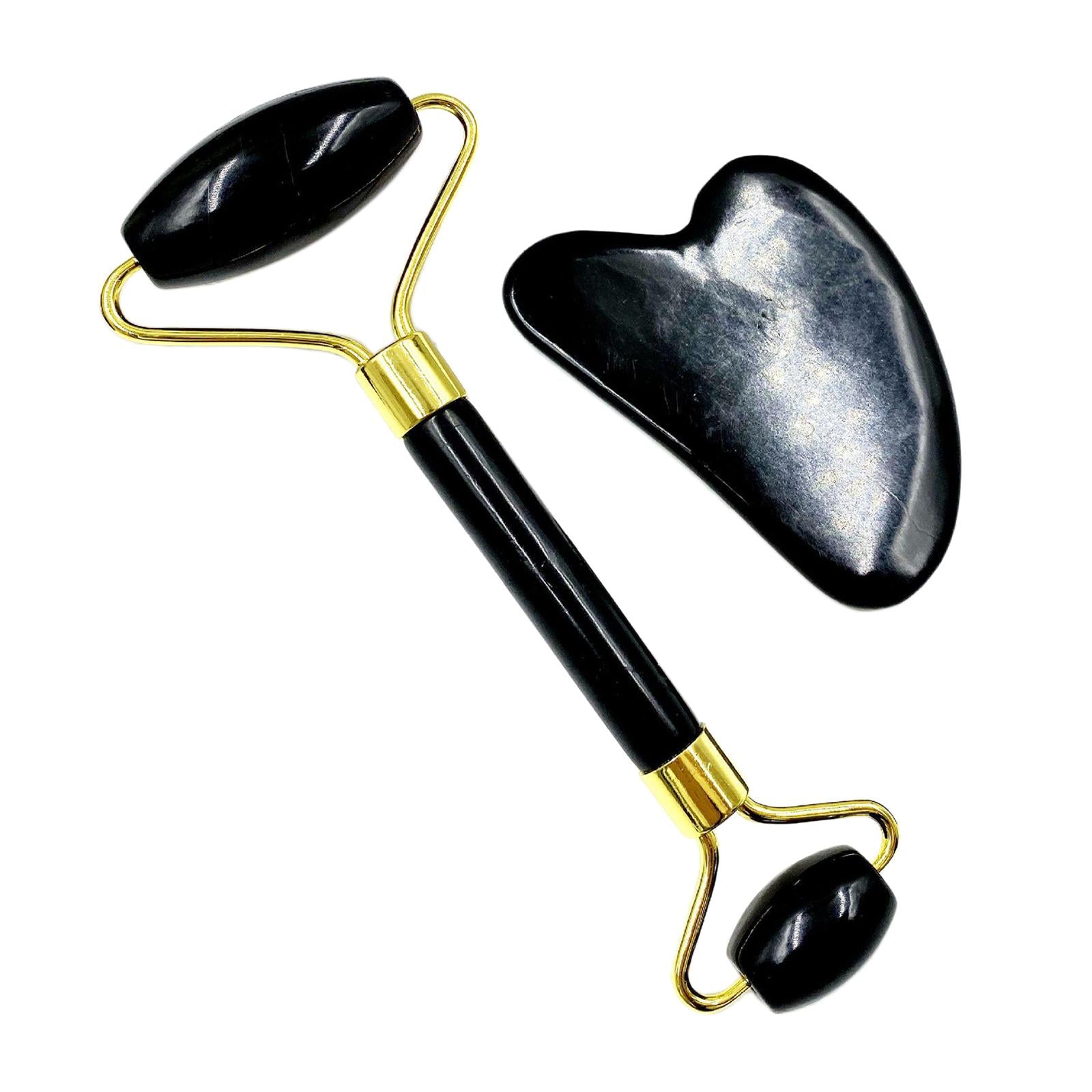 Double Heads Jade Face Roller Gua Sha Tool Set for Skin Lift Black