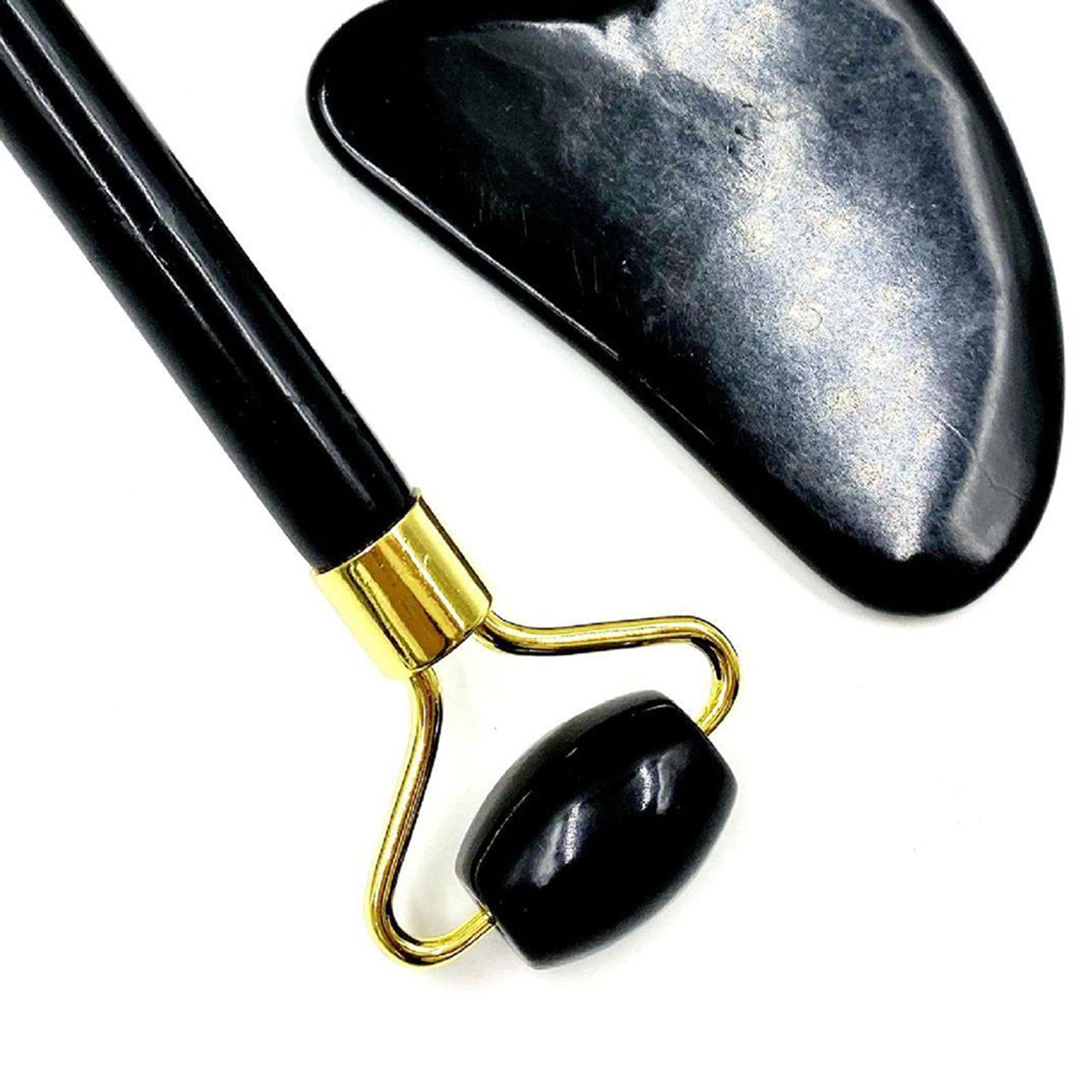 Double Heads Jade Face Roller Gua Sha Tool Set for Skin Lift Black