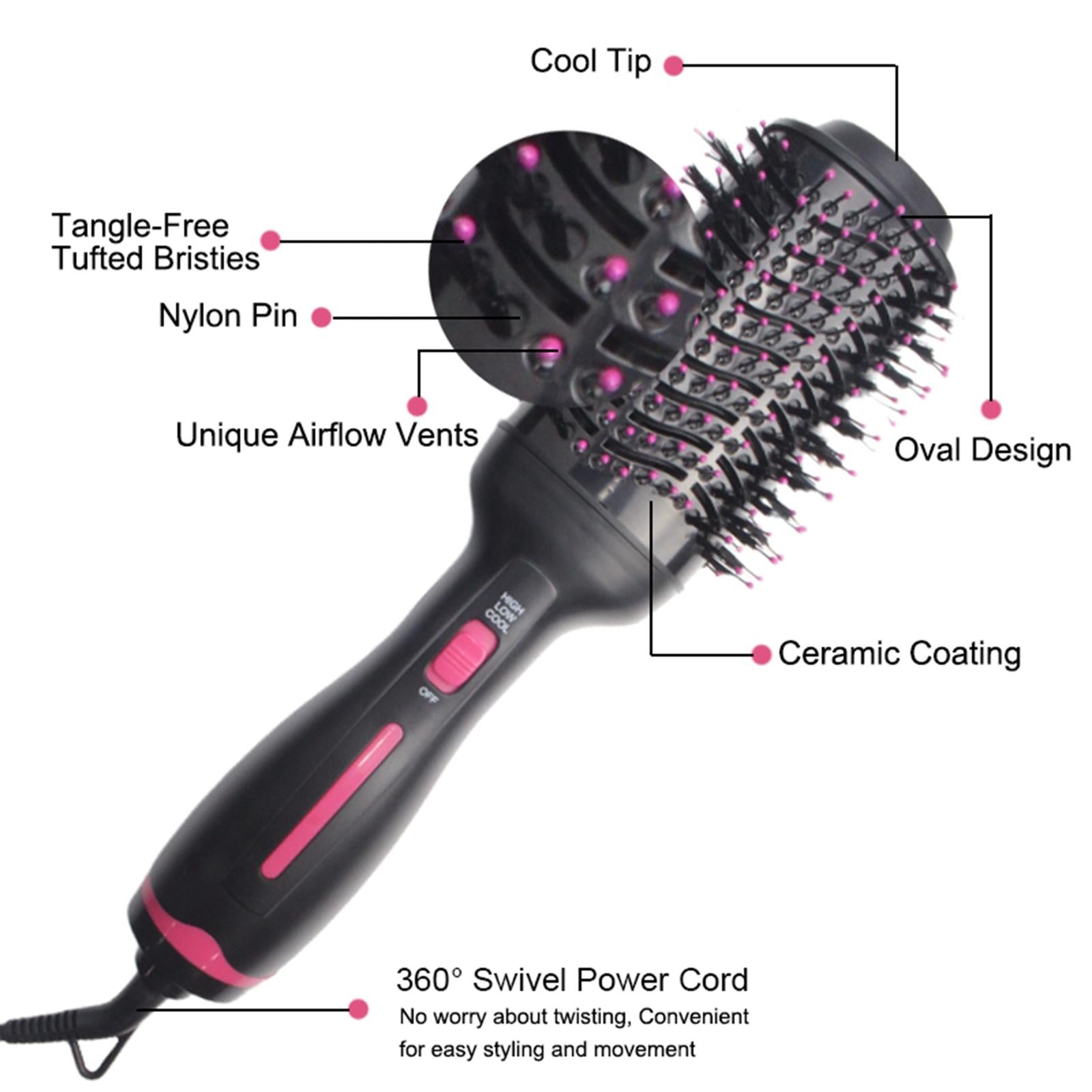 Pro 3 in 1 Hair Dryer Brush Oval 3 Adjustable Heat Levels 1000W Curling Pink