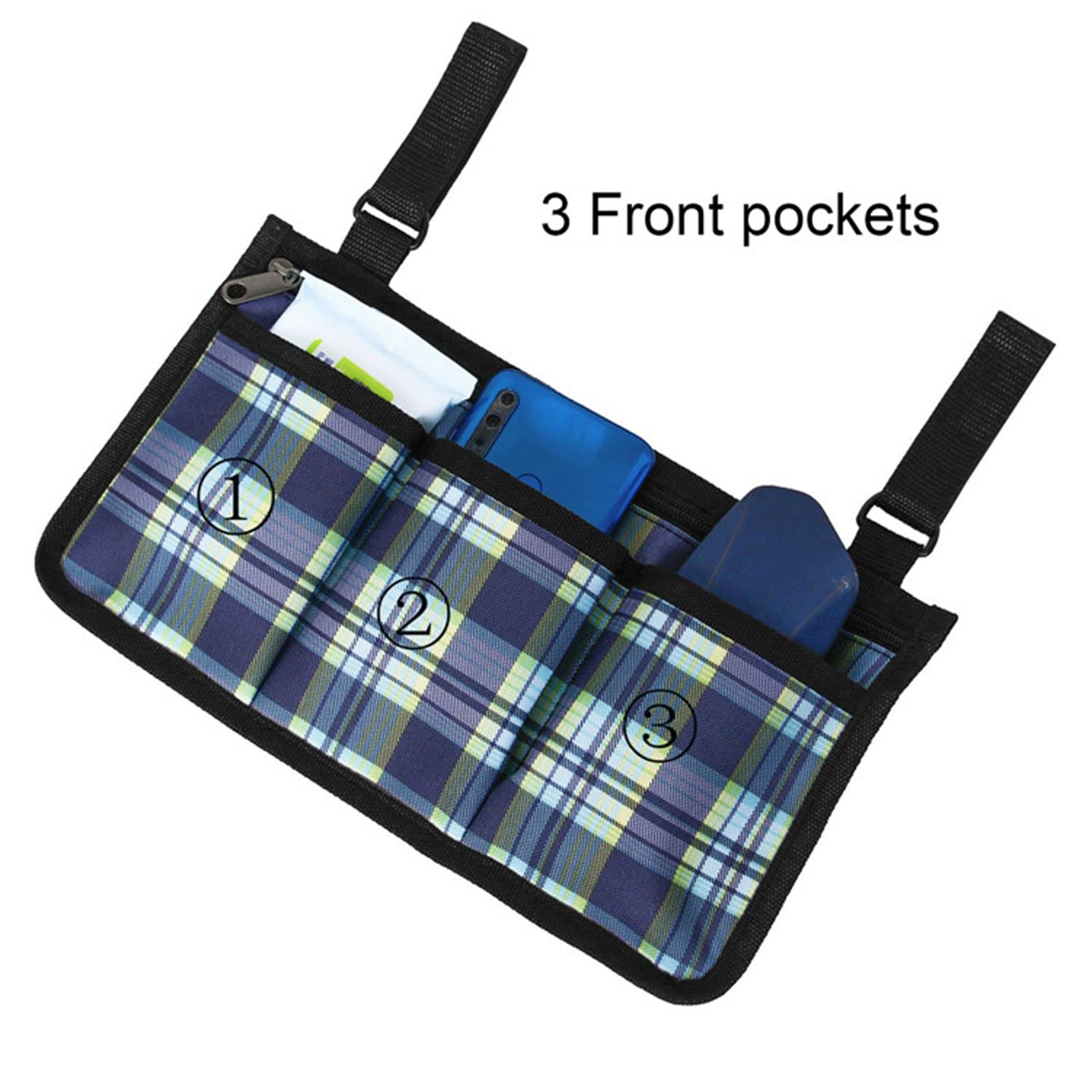 Armrest Walker Bag Wheelchair Rollator Organizer Pouch Blue plaid