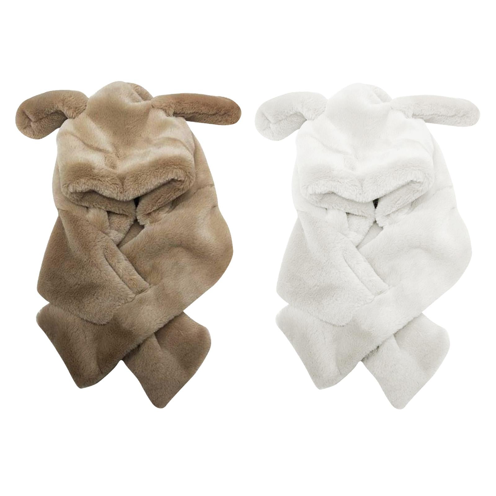 Girl Fashion Plush Hat Scarf Set Rabbit Ear Novelty Caps Hooded Scarf Khaki