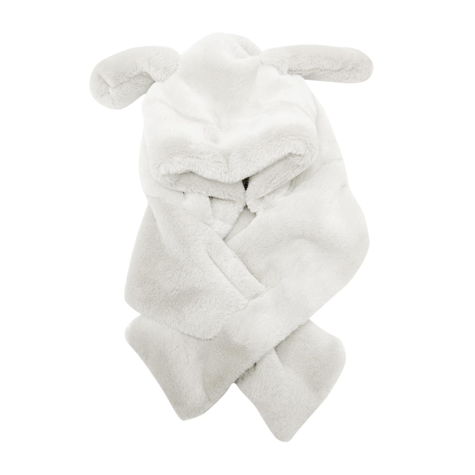 Girl Fashion Plush Hat Scarf Set Rabbit Ear Novelty Caps Hooded Scarf White