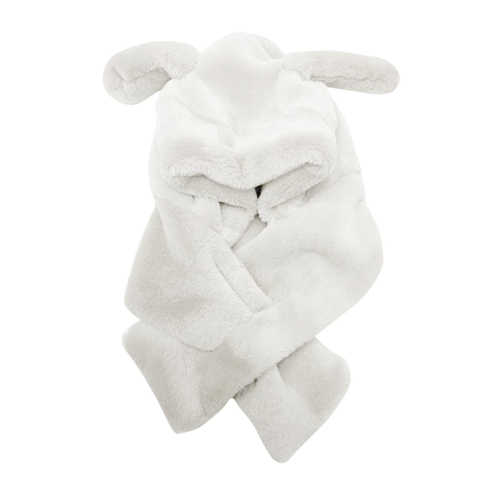 Girl Fashion Plush Hat Scarf Set Rabbit Ear Novelty Caps Hooded Scarf White