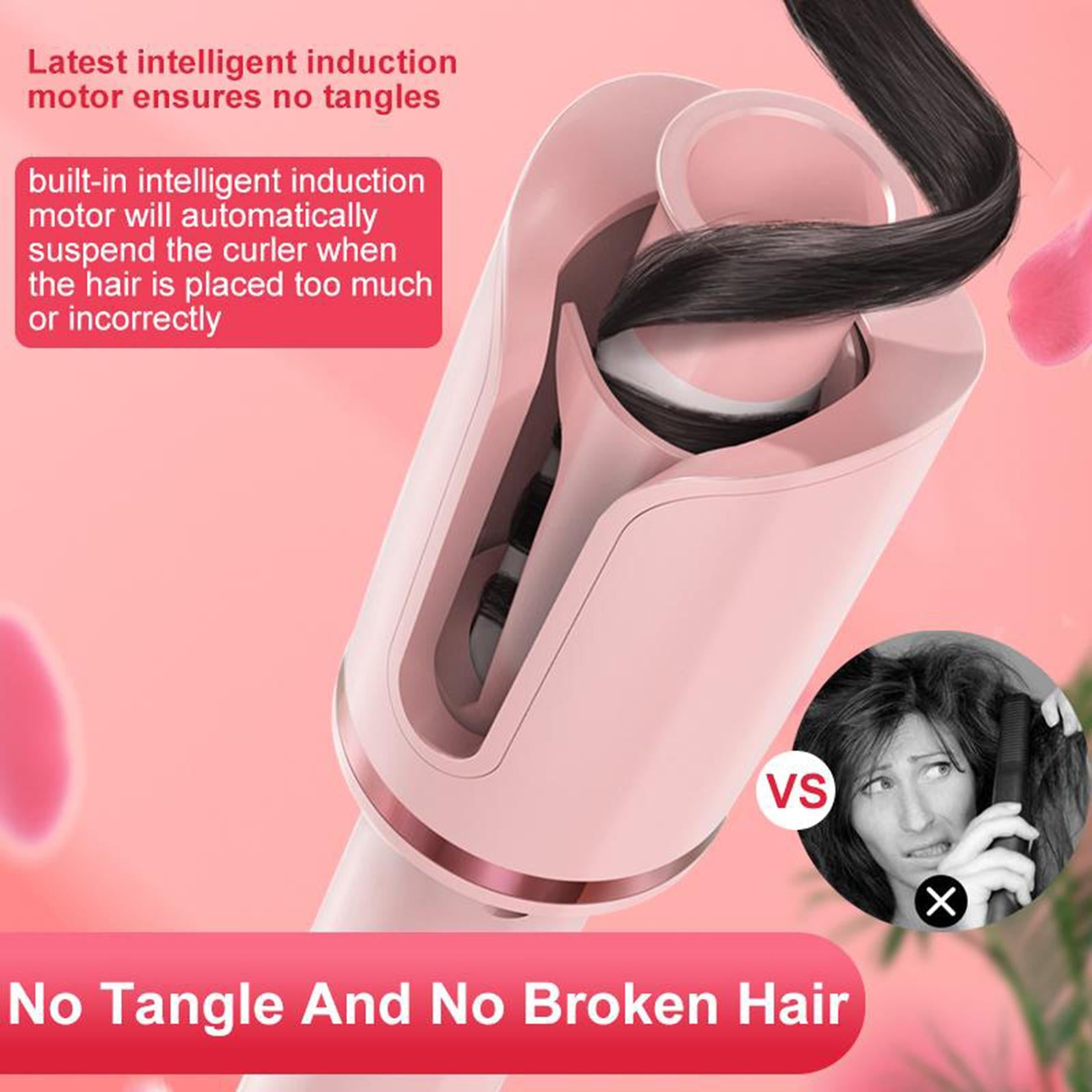 Cordless Rechargeable Automatic Hair Curler Curling Iron Hair Rotating Pink