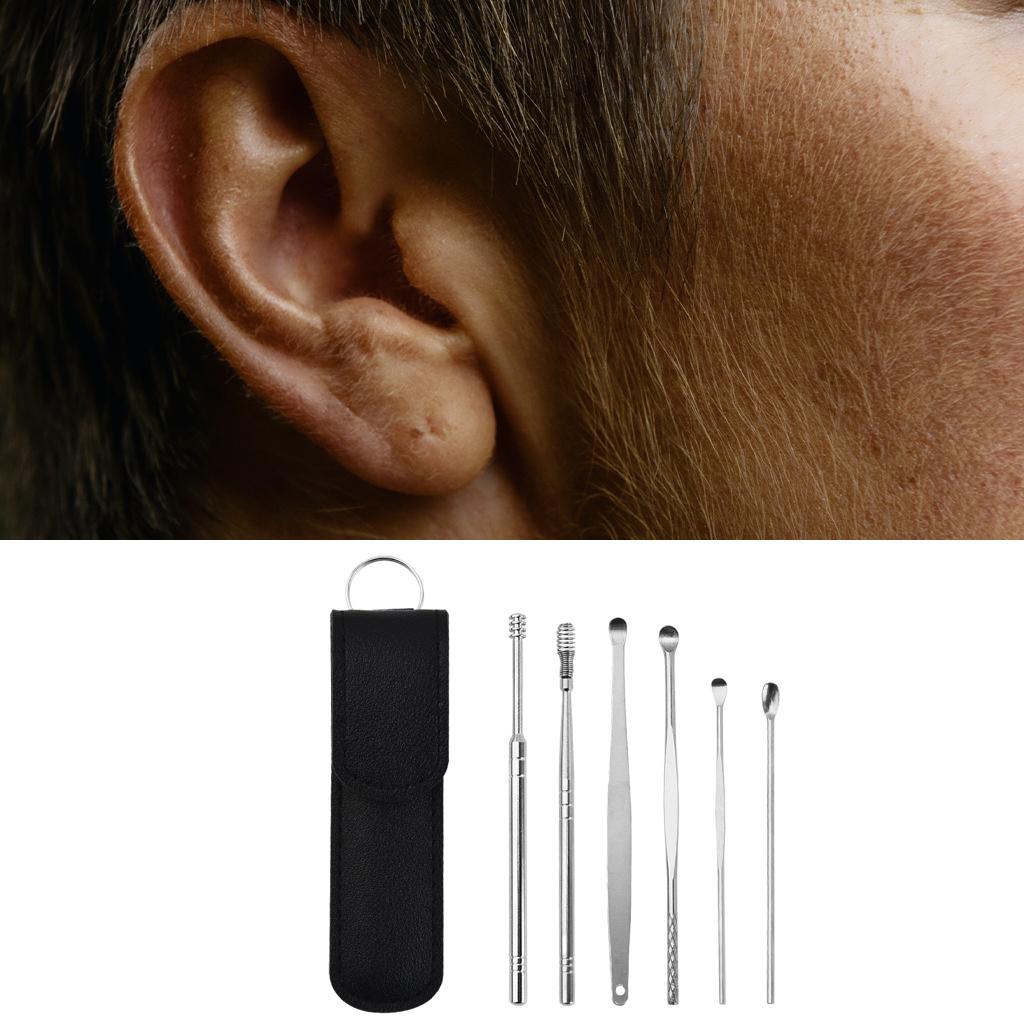 6Pcs Ear Wax Removal Tool Stainless Steel Earpick Household Men Women Black