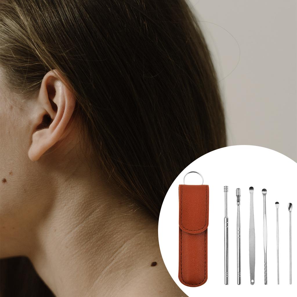 6Pcs Ear Wax Removal Tool Stainless Steel Earpick Household Men Women Brown