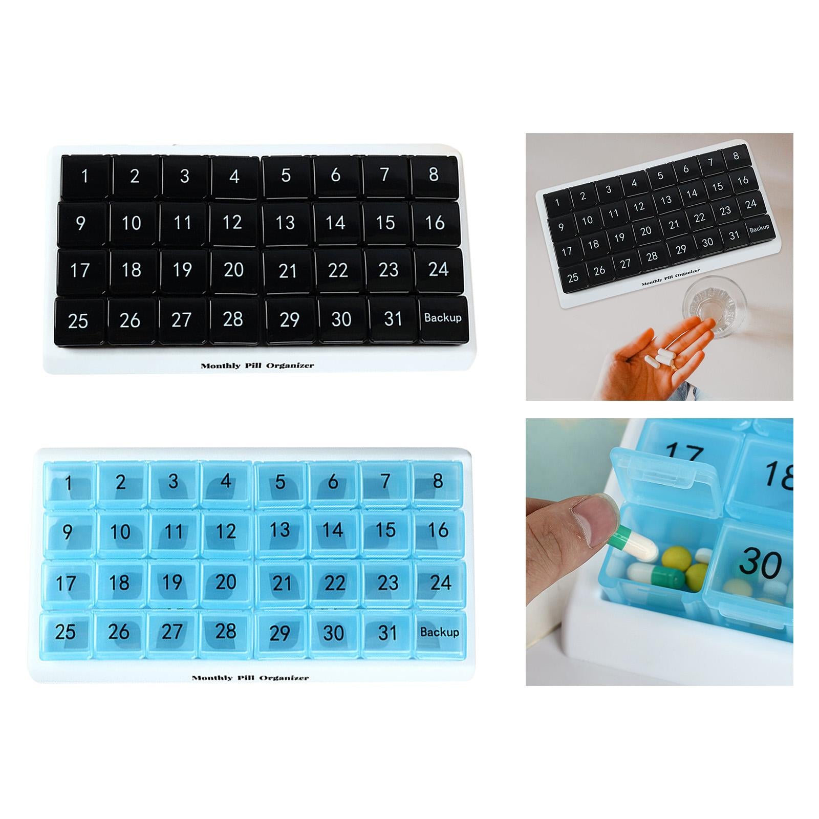 Monthly Pill Organizer 31 Day for Travel Supplements Vitamins Medications Blue