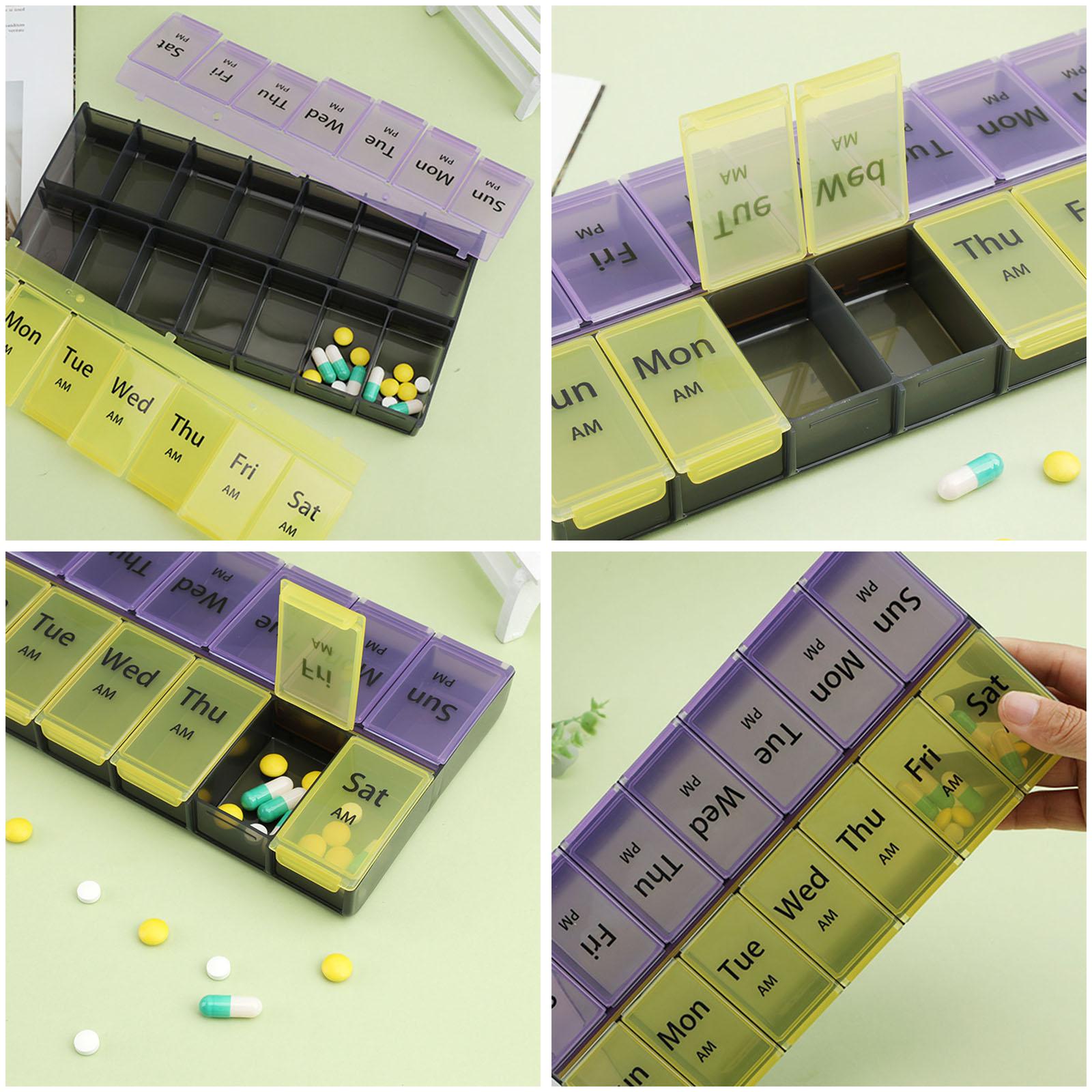 Pill Organizer Pocket Case 2 Rows 7 Days 2 Times A Day for Camping Home Yellow Purple