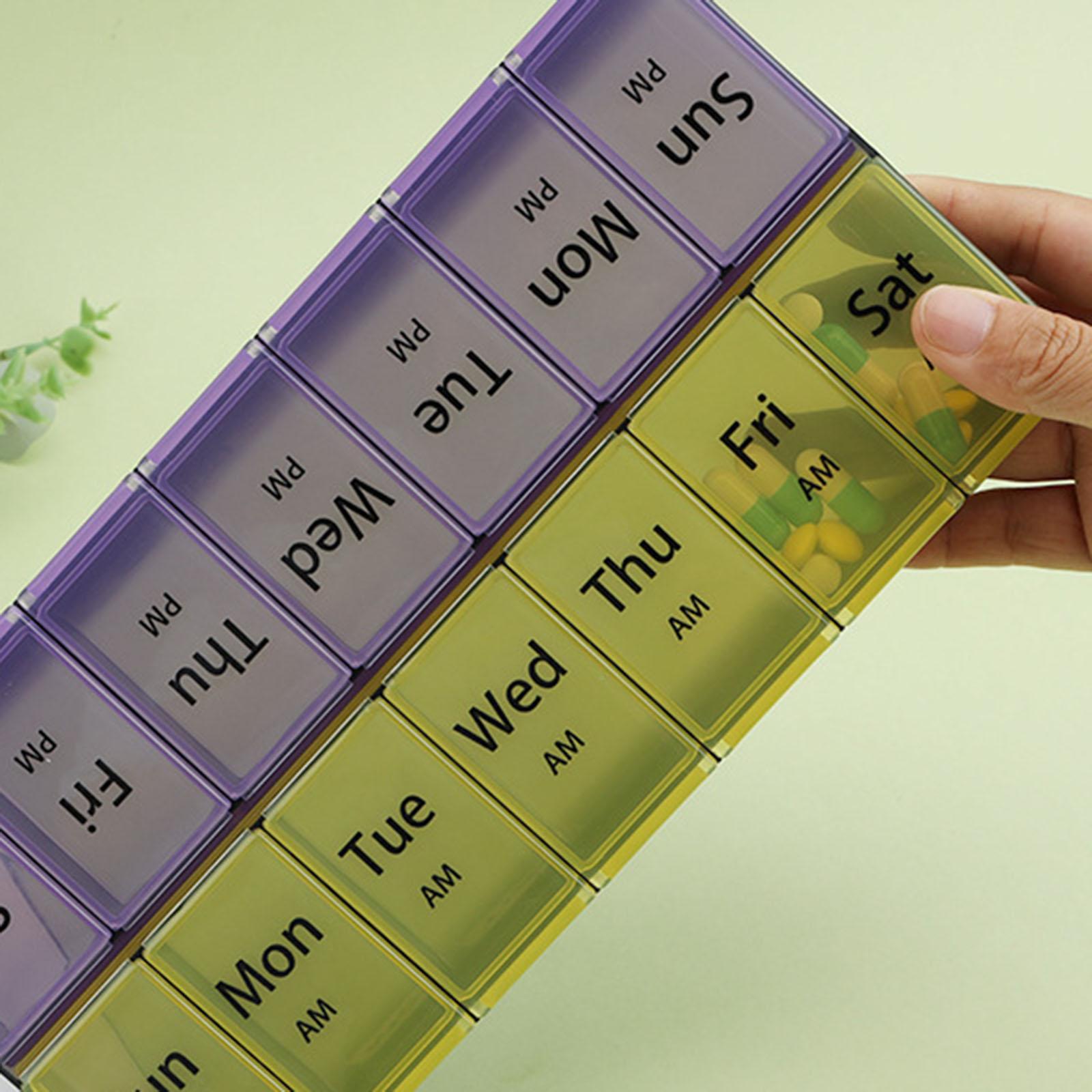 Pill Organizer Pocket Case 2 Rows 7 Days 2 Times A Day for Camping Home Yellow Purple