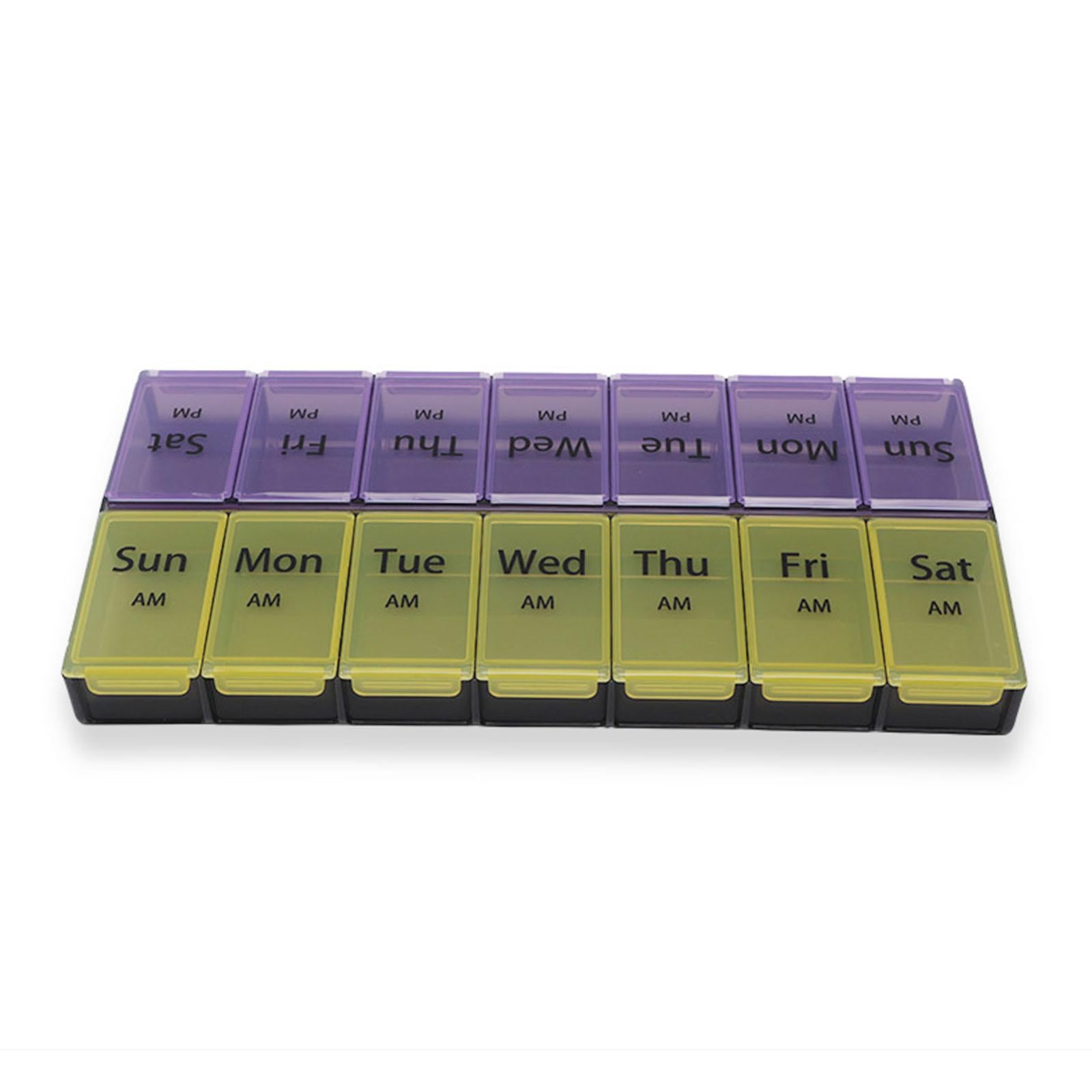 Pill Organizer Pocket Case 2 Rows 7 Days 2 Times A Day for Camping Home Yellow Purple