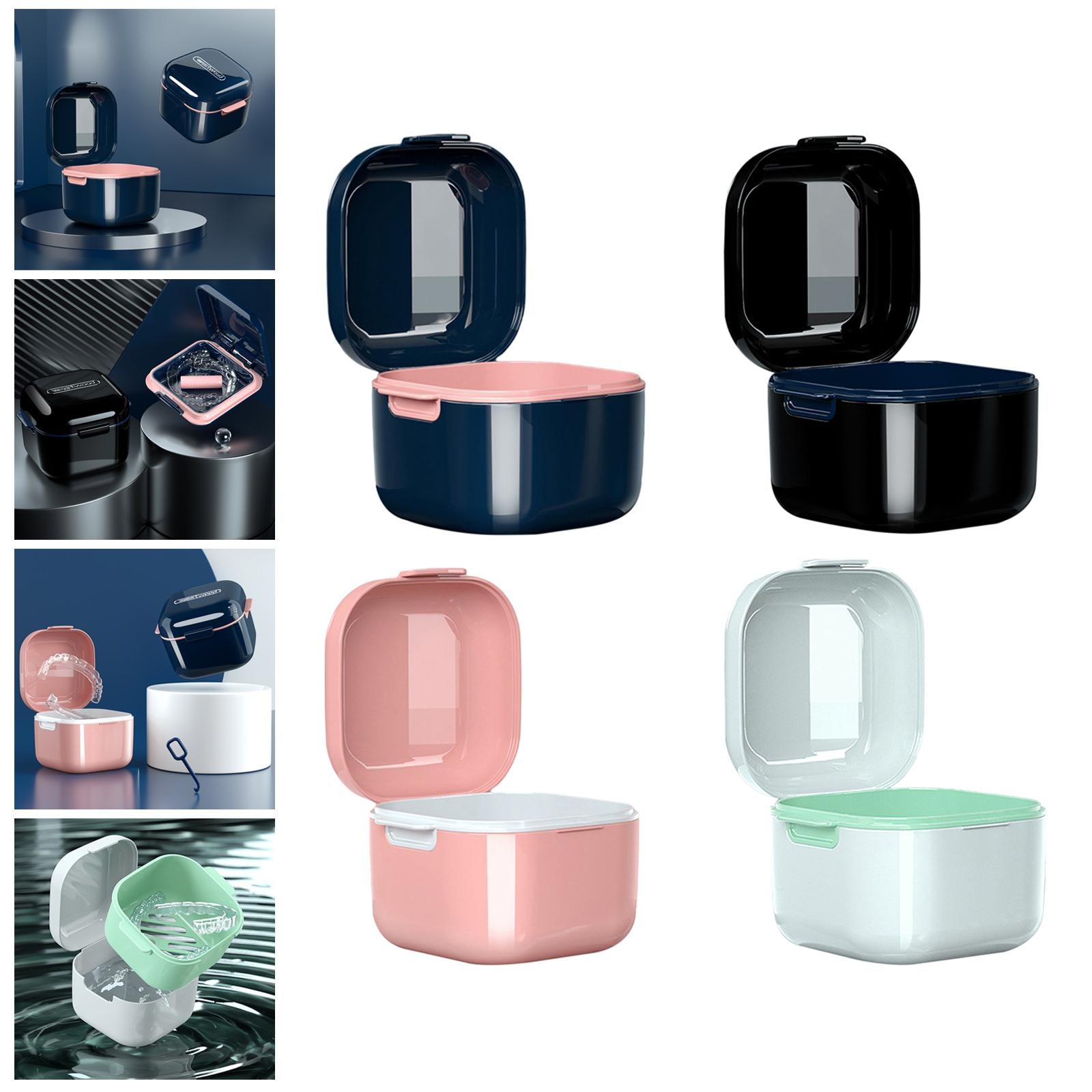 Denture Case w/ Strainer Basket Bath Cleaning Soaking for Night Guard Blue